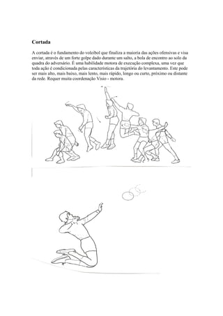 Cortada
A cortada é o fundamento do voleibol que finaliza a maioria das ações ofensivas e visa
enviar, através de um forte golpe dado durante um salto, a bola de encontro ao solo da
quadra do adversário. É uma habilidade motora de execução complexa, uma vez que
toda ação é condicionada pelas características da trajetória do levantamento. Este pode
ser mais alto, mais baixo, mais lento, mais rápido, longo ou curto, próximo ou distante
da rede. Requer muita coordenação Visio - motora.
 