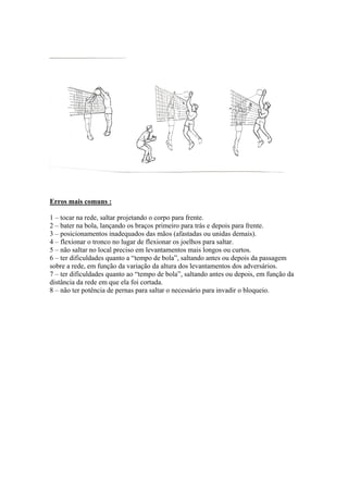 Erros mais comuns :
1 – tocar na rede, saltar projetando o corpo para frente.
2 – bater na bola, lançando os braços primeiro para trás e depois para frente.
3 – posicionamentos inadequados das mãos (afastadas ou unidas demais).
4 – flexionar o tronco no lugar de flexionar os joelhos para saltar.
5 – não saltar no local preciso em levantamentos mais longos ou curtos.
6 – ter dificuldades quanto a “tempo de bola”, saltando antes ou depois da passagem
sobre a rede, em função da variação da altura dos levantamentos dos adversários.
7 – ter dificuldades quanto ao “tempo de bola”, saltando antes ou depois, em função da
distância da rede em que ela foi cortada.
8 – não ter potência de pernas para saltar o necessário para invadir o bloqueio.
 