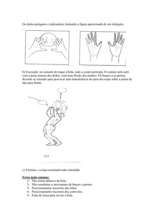 Os dedos polegares e indicadores formarão a figura aproximada de um triângulo.
b) Execução: no instante do toque à bola, todo o corpo participa. O contato será sutil,
com a parte interna dos dedos, com uma flexão dos punhos. Os braços e as pernas
deverão se estender para provocar uma transferência do peso do corpo sobre a perna de
trás para frente.
c) Término: o corpo terminará todo estendido.
Erros mais comuns:
1- Não entrar debaixo da bola.
2- Não coordenar o movimento de braços e pernas.
3- Posicionamento incorreto das mãos.
4- Posicionamento incorreto dos cotovelos.
5- Falta de força para enviar a bola.
 