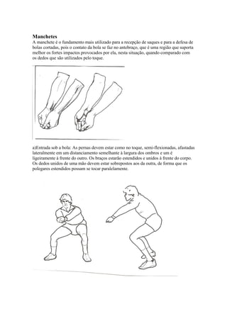 Manchetes
A manchete é o fundamento mais utilizado para a recepção de saques e para a defesa de
bolas cortadas, pois o contato da bola se faz no antebraço, que é uma região que suporta
melhor os fortes impactos provocados por ela, nesta situação, quando comparado com
os dedos que são utilizados pelo toque.
a)Entrada sob a bola: As pernas devem estar como no toque, semi-flexionadas, afastadas
lateralmente em um distanciamento semelhante à largura dos ombros e um é
ligeiramente à frente do outro. Os braços estarão estendidos e unidos à frente do corpo.
Os dedos unidos de uma mão devem estar sobrepostos aos da outra, de forma que os
polegares estendidos possam se tocar paralelamente.
 