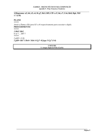XADREZ - TREINO TÉCNICO PARA COMPETIÇÃO
                            Apostila 9 - Prof. Francisco Teodorico
_____________________________________________________________________________
  Diagrama: a3, b4, c5, e4, f4, g7, Re3, Df3, Cf5 x a7, b6, c7, Ce6, Re8, Dg6, Th5
1 ? (1-0)

PLANO
*****
Atrair a Dama e Rei para h5 e e6 respectivamente para executar o duplo.
PROCEDIMENTO
*****
1 Dh5! Dh5
E se 1 ... Df7 ?
*****
2 g8D+ (1-0)
2 g8D+ Rd7 3 De6+! Re6 4 Cg7+ R joga 5 Cg7 (1-0)

                                          A SEGUIR:
                                5. Ataque duplo de Peão (Garfo)




   ______________________________________________________________________________________
                                                                                     Página 9
 