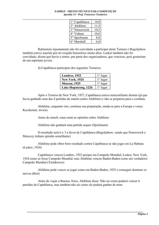 XADREZ - TREINO TÉCNICO PARA COMPETIÇÃO
                             Apostila 14 - Prof. Francisco Teodorico
_____________________________________________________________________________
                              1° Capablanca  14,0
                              2° Alekhine    11,5
                              3° Nimzowich   10,5
                              4° Vidmar      10,0
                              5° Spielmann    8,0
                              6° Marshall     6,0

           Rubinstein injustamente não foi convidado a participar deste Torneio e Bogoljubow
também esteve ausente por ter exigido honorários muito altos. Lasker também não foi
convidado, dizem que havia o temor, por parte dos organizadores, que vencesse, pois gostariam
de um aspirante jovem.

           Já Capablanca participou dos seguintes Torneios:

                             Londres, 1922              1° lugar
                             New York, 1924             1° lugar
                             Moscou, 1925               1° lugar
                             Lake Hopatcong, 1226       1° lugar

           Após o Torneio de New York, 1927, Capablanca estava autoconfiante demais (já que
havia ganhado uma das 4 partidas do match contra Alekhine) e não se preparou para o combate.

          Alekhine, enquanto isto, continua sua preparação, muda-se para a Europa e vence
Kecskemet, invicto.

           Antes do match, estas eram as opiniões sobre Alekhine:

           Alekhine não ganhará uma partida sequer (Spielmann)

           O resultado será 6 x 3 a favor de Capablanca (Bogoljubow, sendo que Nimzowich e
Maroczy tinham opinião semelhante)

           Alekhine pode obter bom resultado contra Capablanca se não jogar em La Habana
(Lasker, 1924)

          Capablanca venceu Londres, 1922 porque era Campeão Mundial; Lasker, New York,
1924 como se fosse Campeão Mundial; mas Alekhine venceu Baden-Baden como um verdadeiro
Campeão Mundial (Tartakower)

           Alekhine pode vencer se jogar como em Baden-Baden, 1925 e conseguir dominar os
nervos (Reti)

            Antes de viajar a Buenos Aires, Alekhine disse: Não sei como poderei vencer 6
partidas de Capablanca, mas também não sei como ele poderá ganhar de mim.




   ______________________________________________________________________________________
                                                                                     Página 4
 