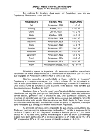 XADREZ - TREINO TÉCNICO PARA COMPETIÇÃO
                          Apostila 17 - Prof. Francisco Teodorico
_____________________________________________________________________________
         Em matches foi derrotado duas vezes por Bogoljubov, uma vez por
Capablanca. Destacamos outros matches:


             ADVERSÁRIO                   CIDADE, ANO               RESULTADO
                   Reti                  Amsterdam, 1920               +1 –3 =0
                Maroczy                    Aussee, 1921                +2 –2 =8
                 Olland                    Utrecht, 1922               +5 –2 =3
                  Colle                    Zütphen, 1924               +5 –3 =0
                Davidson                 Rotterdam, 1924               +5 –1 =3
                Davidson                 Amsterdam, 1926               +3 –0 =2
                  Colle                  Amsterdam, 1928               +5 –0 =1
                 Landau                  Amsterdam, 1931               +3 –1 =2
               Noteboom                  Amsterdam, 1931               +3 –0 =3
               Spielmann                 Amsterdam, 1932               +2 –0 =2
                 Bosch                   Amsterdam, 1934               +6 –0 =0
                 Landau                  Amsterdam, 1934               +4 –1 =1
                  Flohr             Amsterdam/Carlsbad, 1932          +3 –3 =10


           O histórico, apesar de importante, não incomodava Alekhine, que o havia
vencido em um match antes de disputar o Mundial contra Capablanca, por +3 –2 =5 e
que foi jogado em Amsterdam no fim de 1926 e começo de 1927.
           Alekhine concedeu a oportunidade a Euwe, voltando a “esquecer”
Capablanca e cometeu o mesmo erro que contra o cubano: não deu importância ao
rival. A maior prova disto é que o Campeão Mundial começa o ano de 1935 realizando
uma extensa turnê de simultâneas pela Espanha, onde declara: “Não acredito que
Euwe ganhe sequer 3 partidas de mim!”.
           Confiante, deixa a Espanha para jogar o Torneio de Orebro, que ganha sem
dificuldades; em seguida, participa das Olimpíadas de Varsóvia, onde não perde uma
partida sequer, ganhando sete e empatando dez, uma quantidade excessiva, se
levarmos em consideração os rivais, não tão perigosos para sua categoria. Um mês
depois de terminar este torneio, Alekhine defende seu Título diante de Euwe, em um
encontro que seria disputado em diversas cidades da pátria do aspirante, e no qual
seria vencedor o que conseguisse melhor resultado em 30 partidas.
           As primeiras partidas deram a impressão de que o Campeão revalidaria seu
Título sem maiores esforços, pois começou ganhando a 1ª partida, e ainda que tenha
perdido a 2ª, ganhou a 3ª e 4ª. Seguiram 2 empates e Alekhine ganhou a 7ª, e o placar
sinaliza +4 –1 =2 a seu favor, que era muito tranqüilo. A partir de então, Euwe começa
a jogar muito bem, ganhando a 8ª, e ainda que perdendo a 9ª, impõe-se na 10ª, 12ª e
14ª, empatando a 11ª e a 13ª, com o que a pontuação se iguala a +5 –5 =4.



   ______________________________________________________________________________________
                                                                                     Página 3
 