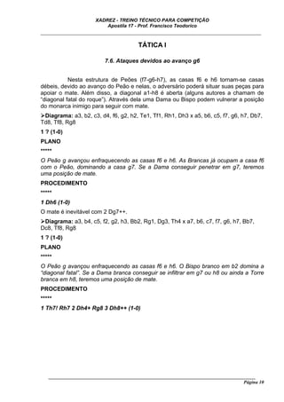 XADREZ - TREINO TÉCNICO PARA COMPETIÇÃO
                          Apostila 17 - Prof. Francisco Teodorico
_____________________________________________________________________________

                                        TÁTICA I

                          7.6. Ataques devidos ao avanço g6


           Nesta estrutura de Peões (f7-g6-h7), as casas f6 e h6 tornam-se casas
débeis, devido ao avanço do Peão e nelas, o adversário poderá situar suas peças para
apoiar o mate. Além disso, a diagonal a1-h8 é aberta (alguns autores a chamam de
“diagonal fatal do roque”). Através dela uma Dama ou Bispo podem vulnerar a posição
do monarca inimigo para seguir com mate.
 Diagrama: a3, b2, c3, d4, f6, g2, h2, Te1, Tf1, Rh1, Dh3 x a5, b6, c5, f7, g6, h7, Db7,
Td8, Tf8, Rg8
1 ? (1-0)
PLANO
*****
O Peão g avançou enfraquecendo as casas f6 e h6. As Brancas já ocupam a casa f6
com o Peão, dominando a casa g7. Se a Dama conseguir penetrar em g7, teremos
uma posição de mate.
PROCEDIMENTO
*****
1 Dh6 (1-0)
O mate é inevitável com 2 Dg7++.
 Diagrama: a3, b4, c5, f2, g2, h3, Bb2, Rg1, Dg3, Th4 x a7, b6, c7, f7, g6, h7, Bb7,
Dc8, Tf8, Rg8
1 ? (1-0)
PLANO
*****
O Peão g avançou enfraquecendo as casas f6 e h6. O Bispo branco em b2 domina a
“diagonal fatal”. Se a Dama branca conseguir se infiltrar em g7 ou h8 ou ainda a Torre
branca em h8, teremos uma posição de mate.
PROCEDIMENTO
*****
1 Th7! Rh7 2 Dh4+ Rg8 3 Dh8++ (1-0)




   ______________________________________________________________________________________
                                                                                    Página 10
 