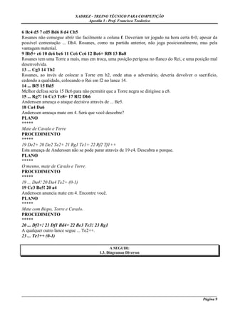 XADREZ - TREINO TÉCNICO PARA COMPETIÇÃO
                                Apostila 3 - Prof. Francisco Teodorico

6 Bc4 d5 7 ed5 Bd6 8 d4 Ch5
Rosanes não consegue abrir tão facilmente a coluna f. Deveriam ter jogado na hora certa 0-0, apesar da
possível contestação ... Dh4. Rosanes, como na partida anterior, não joga posicionalmente, mas pela
vantagem material.
9 Bb5+ c6 10 dc6 bc6 11 Cc6 Cc6 12 Bc6+ Rf8 13 Ba8
Rosanes tem uma Torre a mais, mas em troca, uma posição perigosa no flanco do Rei, e uma posição mal
desenvolvida.
13 ... Cg3 14 Th2
Rosanes, ao invés de colocar a Torre em h2, onde atua o adversário, deveria devolver o sacrifício,
cedendo a qualidade, colocando o Rei em f2 no lance 14.
14 ... Bf5 15 Bd5
Melhor defesa seria 15 Bc6 para não permitir que a Torre negra se dirigisse a e8.
15 ... Rg7! 16 Cc3 Te8+ 17 Rf2 Db6
Anderssen ameaça o ataque decisivo através de ... Be5.
18 Ca4 Da6
Anderssen ameaça mate em 4. Será que você descobre?
PLANO
*****
Mate de Cavalo e Torre
PROCEDIMENTO
*****
19 De2+ 20 De2 Te2+ 21 Rg1 Te1+ 22 Rf2 Tf1++
Esta ameaça de Anderssen não se pode parar através de 19 c4. Descubra o porque.
PLANO
*****
O mesmo, mate de Cavalo e Torre.
PROCEDIMENTO
*****
19 ... Da4! 20 Da4 Te2+ (0-1)
19 Cc3 Be5! 20 a4
Anderssen anuncia mate em 4. Encontre você.
PLANO
*****
Mate com Bispo, Torre e Cavalo.
PROCEDIMENTO
*****
20 ... Df1+! 21 Df1 Bd4+ 22 Be3 Te3! 23 Rg1
A qualquer outro lance segue ... Te2++.
23 ... Te1++ (0-1)

                                              A SEGUIR:
                                        1.3. Diagramas Diversos




_____________________________________________________________________________________________________
                                                                                              Página 9
 