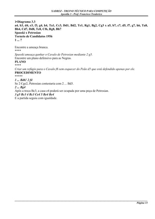 XADREZ - TREINO TÉCNICO PARA COMPETIÇÃO
                                Apostila 3 - Prof. Francisco Teodorico

  Diagrama 3.3
a4, b3, d4, e3, f3, g4, h4, Ta1, Cc3, Dd1, Bd2, Te1, Rg1, Bg2, Cg3 x a5, b7, c7, d5, f7, g7, h6, Ta8,
Bb4, Cd7, Dd8, Te8, Cf6, Rg8, Bh7
Spasski x Petrosian
Torneio de Candidatos 1956
1 ... ?

Encontre a ameaça branca.
****
Spasski ameaça ganhar o Cavalo de Petrosian mediante 2 g5.
Encontre um plano defensivo para as Negras.
PLANO
****
Criar um refúgio para o Cavalo f6 sem esquecer do Peão d5 que está defendido apenas por ele.
PROCEDIMENTO
*****
1 ... Bd6! 2 f4
Se 2 Cge2, Petrosian contestaria com 2 ... Bd3.
2 ... Bg4
Após a troca Bc3, a casa e4 poderá ser ocupada por uma peça de Petrosian.
3 g5 Bc3 4 Bc3 Ce4 5 Be4 Be4
E a partida seguiu com igualdade.




_____________________________________________________________________________________________________
                                                                                             Página 11
 