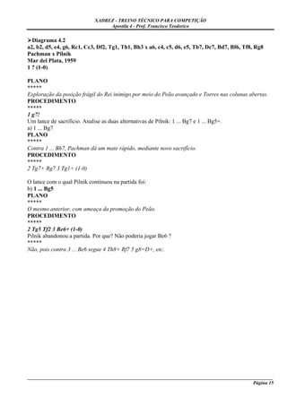 XADREZ - TREINO TÉCNICO PARA COMPETIÇÃO
                                 Apostila 4 - Prof. Francisco Teodorico

  Diagrama 4.2
a2, b2, d5, e4, g6, Rc1, Cc3, Df2, Tg1, Th1, Bh3 x a6, c4, c5, d6, e5, Tb7, Dc7, Bd7, Bf6, Tf8, Rg8
Pachman x Pilnik
Mar del Plata, 1959
1 ? (1-0)

PLANO
*****
Exploração da posição frágil do Rei inimigo por meio do Peão avançado e Torres nas colunas abertas.
PROCEDIMENTO
*****
1 g7!
Um lance de sacrifício. Analise as duas alternativas de Pilnik: 1 ... Bg7 e 1 ... Bg5+.
a) 1 ... Bg7
PLANO
*****
Contra 1 ... Bh7, Pachman dá um mate rápido, mediante novo sacrifício.
PROCEDIMENTO
*****
2 Tg7+ Rg7 3 Tg1+ (1-0)

O lance com o qual Pilnik continuou na partida foi:
b) 1 ... Bg5
PLANO
*****
O mesmo anterior, com ameaça da promoção do Peão.
PROCEDIMENTO
*****
2 Tg5 Tf2 3 Be6+ (1-0)
Pilnik abandonou a partida. Por que? Não poderia jogar Be6 ?
*****
Não, pois contra 3 ... Be6 segue 4 Th8+ Rf7 5 g8=D+, etc.




_____________________________________________________________________________________________________
                                                                                             Página 15
 