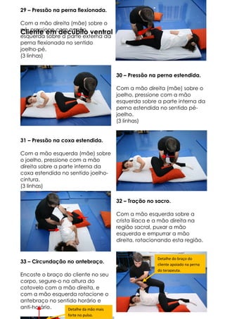 Apostila de ZEN SHIATSU - Evaldo Mazer
Cliente em decúbito ventral
22
29 – Pressão na perna flexionada.
Com a mão direita (mãe) sobre o
pé, pressione com a mão
esquerda sobre a parte externa da
perna flexionada no sentido
joelho-pé.
(3 linhas)
30 – Pressão na perna estendida.
Com a mão direita (mãe) sobre o
joelho, pressione com a mão
esquerda sobre a parte interna da
perna estendida no sentido pé-
joelho.
(3 linhas)
31 – Pressão na coxa estendida.
Com a mão esquerda (mãe) sobre
o joelho, pressione com a mão
direita sobre a parte interna da
coxa estendida no sentido joelho-
cintura.
(3 linhas)
32 – Tração no sacro.
Com a mão esquerda sobre a
crista ilíaca e a mão direita na
região sacral, puxar a mão
esquerda e empurrar a mão
direita, rotacionando esta região.
33 – Circundação no antebraço.
Encoste o braço do cliente no seu
corpo, segure-o na altura do
cotovelo com a mão direita, e
com a mão esquerda rotacione o
antebraço no sentido horário e
anti-horário. Detalhe da mão mais
forte no pulso.
Detalhe do braço do
cliente apoiado na perna
do terapeuta.
 