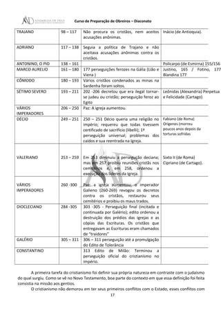 Curso de Preparação de Obreiros – Diaconato
TRAJANO 98 – 117 Não procura os cristãos, nem aceitos
acusações anônimas.
Inácio (de Antioquia).
ADRIANO 117 – 138 Seguia a política de Trajano e não
aceitava acusações anônimas contra os
cristãos.
ANTONINO, O PIO 138 – 161 Policarpo (de Esmirna) 155/156
MARCO AURELIO 161 – 180 177 perseguições ferozes na Gália (Lião e
Viena )
Justino, 165 / Fotino, 177/
Blandina 177
CÔMODO 180 – 193 Vários cristãos condenados as minas na
Sardenha foram soltos.
SÉTIMO SEVERO 193 – 211 202 -206 decretou que era ilegal tornar-
se judeu ou cristão; perseguição feroz ao
Egito
Leônidas (Alexandria) Perpetua
e Felicidade (Cartago)
VÁRIOS
IMPERADORES
206 – 250 Paz: A igreja aumentou.
DÉCIO 249 – 251 250 – 251 Décio queria uma religião no
império; requereu que todas tivessem
certificado de sacrifício (libelli); 1ª
perseguição universal; problemas dos
caídos e sua reentrada na Igreja.
Fabiano (de Roma)
Orígenes (morreu
poucos anos depois da
torturas sofridas
VALERIANO 253 – 259 Em 253 diminuiu a persegução deciana;
mas em 257 proibiu reuniões cristãs nos
cemitérios e, em 258, ordenou a
execução dos líderes da Igreja.
Sixto II (de Roma)
Cipriano (de Cartago).
VÁRIOS
IMPERADORES
260 -300 Paz: a igreja aumentou; o imperador
Galieno (260-269) revogou os decretos
contra os cristãos, restaurou seus
cemitérios e proibiu os maus trados.
DIOCLECIANO 284 -305 303 -305 - Perseguição final (incitada e
continuada por Galério); edito ordenou a
destruição dos prédios das igrejas e as
cópias das Escrituras. Os cristãos que
entregavam as Escrituras eram chamados
de “traidores”
GALÉRIO 305 – 311 306 – 311 perseguição até a promulgação
do Edito de Tolerância
CONSTANTINO 313 Edito de Milão: Terminou a
perseguição oficial do cristianismo no
império.
A primeira tarefa do cristianismo foi definir sua própria natureza em contraste com o judaísmo
do qual surgiu. Como se vê no Novo Testamento, boa parte do contexto em que essa definição foi feita
consistia na missão aos gentios.
O cristianismo não demorou em ter seus primeiros conflitos com o Estado, esses conflitos com
17
 