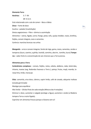 Elemento Terra
Horários:

E: 7 -9h
BP: 9-11 h

Está relacionado com o ato de comer – Boca e lábios
Zinco – Fome de doce
Guslina – paladar (insatisfação)
Dietas vegetarianas – Fibra – diminui a assimilação
Alimentos – ostras, fígado, carne, frango, peixe, tofu, queijo cheddar, nozes, lentilhas,
feijões, cereais integrais, ovos e sementes.
Carência: manchas brancas nas unhas

Manganês – arroz e cereais integrais, farelo de trigo, gema, nozes, sementes, verdes e
temperos (louro, coentro, açafrão, hortelã, cominho, alecrim, .tomilho, louro) Temperos – sabor forte é a concentração de sais minerais que a Terra precisa.

Alimentos para a Terra
Carboidratos complexos – cereais, feijões, raízes, cebola, abóbora, nabo, beterraba,
inhame, maxixe (veg. Redondos favorece a Terra ), painço, frutas, maçã, mamão, laranja lima, limão, maracujá.

Chás: camomila, erva doce, cidreira, capim limão, café de cevada, adoçante maltose
(cevada germinada)
Mastigar para equilibrar
Alto Verão – 18 dias finais de cada estação (Mistura das 4 estações)
Diminuir o doce, aumentar o salgado (protege a Água), aumentar o ácido (a Madeira
tempera Terra e nutre Fígado).
Caprichar em alimentos frescos porque o Outono vem aí!

22

 