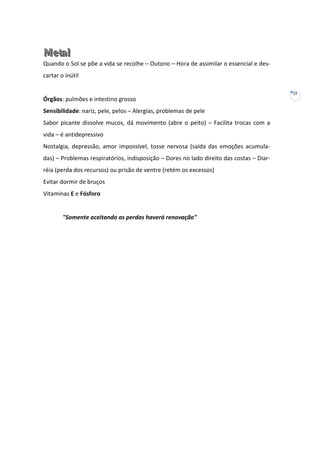 Metal
Quando o Sol se põe a vida se recolhe – Outono – Hora de assimilar o essencial e descartar o inútil
25

Órgãos: pulmões e intestino grosso
Sensibilidade: nariz, pele, pelos – Alergias, problemas de pele
Sabor picante dissolve mucos, dá movimento (abre o peito) – Facilita trocas com a
vida – é antidepressivo
Nostalgia, depressão, amor impossível, tosse nervosa (saída das emoções acumuladas) – Problemas respiratórios, indisposição – Dores no lado direito das costas – Diarréia (perda dos recursos) ou prisão de ventre (retém os excessos)
Evitar dormir de bruços
Vitaminas E e Fósforo

"Somente aceitando as perdas haverá renovação"

 