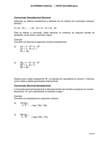 ELETRÔNICA DIGITAL -- CEFET-ES-UNED-Serra
10/109
Conversão Hexadecimal Decimal
Aplicando ao sistema hexadecimal a definição de um sistema de numeração qualquer,
teremos:
N = dn . 16n + . . . + d2 . 162 + d1 . 161 + do . 160
Para se efetuar a conversão, basta adicionar os membros da segunda parcela da
igualdade, como ilustra o exemplo a seguir:
Exemplo:
Converter em decimal os seguintes números hexadecimais.
a) 23H = 2 . 161
+ 3 . 160
23H = 2 . 16 + 3 . 1
23H = 35D
b) 3BH = 3 . 161
+ B . 160
3BH
= 3 . 16 + 11
3BH
= 59D
Observe que o dígito hexadecimal "B", no exemplo (b), equivalente ao número 11 decimal,
como mostra a tabela apresentada anteriormente.
Conversão Decimal Hexadecimal
A conversão decimal hexadecimal é efetuada através das divisões sucessivas do número
decimal por 16, como demostrado no exemplo a seguir.
Exemplo:
Converter em hexadecimal os seguintes números:
a) 152 |16 . .
8 9 -- logo: 152D = 98H
b) 249 |16 ..:
9 15 -- Logo: 249D = F9H
 