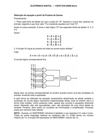 ELETRÔNICA DIGITAL -- CEFET-ES-UNED-Serra
27/109
Obtenção da equação a partir de Produto de Somas
Procedimento:
1. "Para cada linha da tabela em que a saída for "O", fazemos a soma das variáveis de
entrada, negando a que tiver valor "V e mantendo aquelas com nível "O";
Ainda no nosso exemplo, S toma o valor lógico "O" nas seguintes linhas da tabela: O, 3, 5
e 6.
Assim:
2. A função S é igual ao produto de todas as somas assim obtidas"
Logo:
O circuito lógico correspondente fica:
Neste caso, as somas correspondentes se anulam quando ocorre urna das condições na
entrada, anulando toda a expressão.
A esta forma de obtenção da equação característica diretamente da tabela verdade e
confecção do circuito lógico chamamos Implementação Direta. Esta no entanto não é a
forma mais simples. Como podemos notar, apesar dos circuitos e equações anteriores
serem diferentes elas são equivalentes, pois, são derivados de uma única tabela da
verdade. Portanto, deve existir um processo de minimização e simplificação. Processo
esses que veremos mais adiante.
NOTA : Quando um MAXTERMO individual é tabelado e sua resposta é O, este é único.
Todas as outras respostas relativas ao maxtermo são 1's. Então temos um número
máximo de 1's. A função OR representa um MAXTERMO: máximo de 1's.
 