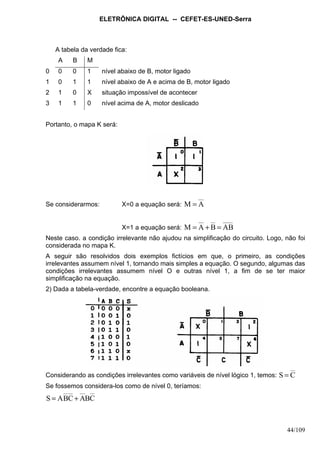 ELETRÔNICA DIGITAL -- CEFET-ES-UNED-Serra
44/109
A tabela da verdade fica:
A B M
0 0 0 1 nível abaixo de B, motor ligado
1 0 1 1 nível abaixo de A e acima de B, motor ligado
2 1 0 X situação impossível de acontecer
3 1 1 0 nível acima de A, motor deslicado
Portanto, o mapa K será:
Se considerarmos: X=0 a equação será: AM =
X=1 a equação será: ABBAM =+=
Neste caso. a condição irrelevante não ajudou na simplificação do circuito. Logo, não foi
considerada no mapa K.
A seguir são resolvidos dois exemplos fictícios em que, o primeiro, as condições
irrelevantes assumem nível 1, tornando mais simples a equação. O segundo, algumas das
condições irrelevantes assumem nível O e outras nível 1, a fim de se ter maior
simplificação na equação.
2) Dada a tabela-verdade, encontre a equação booleana.
Considerando as condições irrelevantes como variáveis de nível lógico 1, temos: CS =
Se fossemos considera-los como de nível 0, teríamos:
CBACBAS +=
 