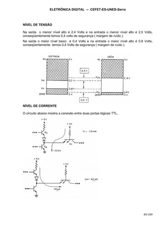 ELETRÔNICA DIGITAL -- CEFET-ES-UNED-Serra
49/109
NÍVEL DE TENSÃO
Na saída o menor nível alto é 2,4 Volts e na entrada o menor nível alto é 2,0 Volts,
conseqüentemente temos 0,4 volts de segurança ( margem de ruído ).
Na saída o maior nível baixo é 0,4 Volts e na entrada o maior nível alto é 0,8 Volts,
conseqüentemente temos 0,4 Volts de segurança ( margem de ruído ).
NÍVEL DE CORRENTE
O circuito abaixo mostra a conexão entre duas portas lógicas TTL.
 