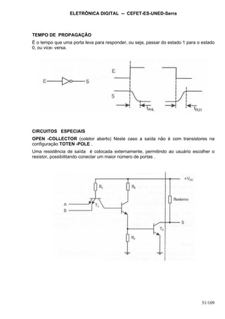 ELETRÔNICA DIGITAL -- CEFET-ES-UNED-Serra
51/109
TEMPO DE PROPAGAÇÃO
É o tempo que uma porta leva para responder, ou seja, passar do estado 1 para o estado
0, ou vice- versa.
CIRCUITOS ESPECIAIS
OPEN -COLLECTOR (coletor aberto) Neste caso a saída não é com transistores na
configuração TOTEN -POLE .
Uma resistência de saída é colocada externamente, permitindo ao usuário escolher o
resistor, possibilitando conectar um maior número de portas .
 