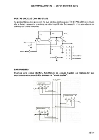 ELETRÔNICA DIGITAL -- CEFET-ES-UNED-Serra
54/109
PORTAS LÓGICAS COM TRI-STATE
As portas lógicas que possuem na sua saída a configuração TRI-STATE além dos níveis
alto e baixo, possuem o estado de alta impedância, funcionando com uma chave em
aberto (não drena corrente).
BARRAMENTO
Usamos uma chave (buffer), habilitando as chaves ligadas ao registrador que
queremos que seu conteúdo apareça na “via de dados”.
 