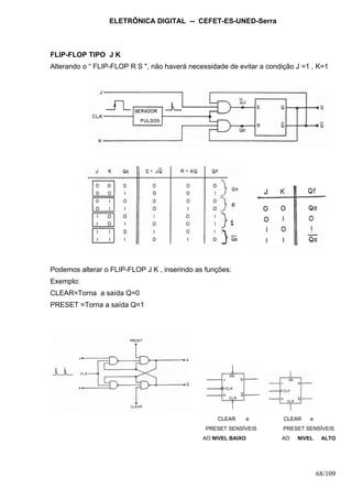 ELETRÔNICA DIGITAL -- CEFET-ES-UNED-Serra
68/109
FLIP-FLOP TIPO J K
Alterando o “ FLIP-FLOP R S ", não haverá necessidade de evitar a condição J =1 , K=1
Podemos alterar o FLIP-FLOP J K , inserindo as funções:
Exemplo:
CLEAR=Torna a saída Q=0
PRESET =Torna a saída Q=1
CLEAR e CLEAR e
PRESET SENSÍVEIS PRESET SENSÍVEIS
AO NIVEL BAIXO AO NIVEL ALTO
 