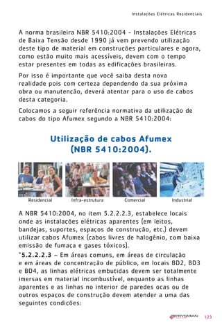 Instalações Elétricas Residenciais
123
A norma brasileira NBR 5410:2004 - Instalações Elétricas
de Baixa Tensão desde 1990 já vem prevendo utilização
deste tipo de material em construções particulares e agora,
como estão muito mais acessíveis, devem com o tempo
estar presentes em todas as edificações brasileiras.
Por isso é importante que você saiba desta nova
realidade pois com certeza dependendo da sua próxima
obra ou manutenção, deverá atentar para o uso de cabos
desta categoria.
Colocamos a seguir referência normativa da utilização de
cabos do tipo Afumex segundo a NBR 5410:2004:
A NBR 5410:2004, no item 5.2.2.2.3, estabelece locais
onde as instalações elétricas aparentes (em leitos,
bandejas, suportes, espaços de construção, etc.) devem
utilizar cabos Afumex (cabos livres de halogênio, com baixa
emissão de fumaça e gases tóxicos).
“5.2.2.2.3 – Em áreas comuns, em áreas de circulação
e em áreas de concentração de público, em locais BD2, BD3
e BD4, as linhas elétricas embutidas devem ser totalmente
imersas em material incombustível, enquanto as linhas
aparentes e as linhas no interior de paredes ocas ou de
outros espaços de construção devem atender a uma das
seguintes condições:
Utilização de cabos Afumex
(NBR 5410:2004).
Residencial Infra-estrutura Comercial Industrial
1630 IER 14X21 ok 20.12.2006 17:58 Page 123
 