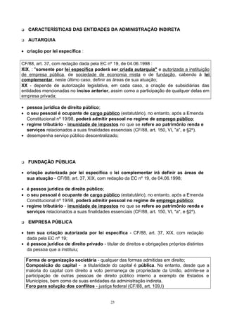  CARACTERÍSTICAS DAS ENTIDADES DA ADMINISTRAÇÃO INDIRETA
 AUTARQUIA
• criação por lei específica :
CF/88, art. 37, com redação dada pela EC nº 19, de 04.06.1998 :
XIX, : "somente por lei específica poderá ser criada autarquia" e autorizada a instituição
de empresa pública, de sociedade de economia mista e de fundação, cabendo à lei
complementar, neste último caso, definir as áreas de sua atuação;
XX - depende de autorização legislativa, em cada caso, a criação de subsidiárias das
entidades mencionadas no inciso anterior, assim como a participação de qualquer delas em
empresa privada;
• pessoa jurídica de direito público;
• o seu pessoal é ocupante de cargo público (estatutário), no entanto, após a Emenda
Constitucional nº 19/98, poderá admitir pessoal no regime de emprego público;
• regime tributário - imunidade de impostos no que se refere ao patrimônio renda e
serviços relacionados a suas finalidades essenciais (CF/88, art. 150, VI, "a", e §2º).
• desempenha serviço público descentralizado;
 FUNDAÇÃO PÚBLICA
• criação autorizada por lei específica e lei complementar irá definir as áreas de
sua atuação - CF/88, art. 37, XIX, com redação da EC nº 19, de 04.06.1998;
• é pessoa jurídica de direito público;
• o seu pessoal é ocupante de cargo público (estatutário), no entanto, após a Emenda
Constitucional nº 19/98, poderá admitir pessoal no regime de emprego público;
• regime tributário - imunidade de impostos no que se refere ao patrimônio renda e
serviços relacionados a suas finalidades essenciais (CF/88, art. 150, VI, "a", e §2º).
 EMPRESA PÚBLICA
• tem sua criação autorizada por lei específica - CF/88, art. 37, XIX, com redação
dada pela EC nº 19;
• é pessoa jurídica de direito privado - titular de direitos e obrigações próprios distintos
da pessoa que a instituiu;
Forma de organização societária - qualquer das formas admitidas em direito;
Composicão do capital - a titularidade do capital é pública. No entanto, desde que a
maioria do capital com direito a voto permaneça de propriedade da União, admite-se a
participação de outras pessoas de direito público interno a exemplo de Estados e
Municípios, bem como de suas entidades da administração indireta.
Foro para solução dos conflitos - justiça federal (CF/88, art. 109,I)
23
 