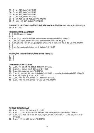 03 - C - art. 125, Lei nº 8.112/90
04 - E - art. 126, Lei nº 8.112/90
05 - A - art. 125, Lei nº 8.112/90
06 - D - art. 126, Lei nº 8.112/90
07 - B - art. 125 c/c art. 126, Lei nº 8.112/90
08 - A - art. 142, § 2º da Lei nº 8.112/90
GABARITO - REGIME JURÍDICO DO SERVIDOR PÚBLICO com indicação dos artigos
da Lei 8.112/90
PROVIMENTO E VACÂNCIA
1 - B, CF/88, art. 41, caput
2 - A
3 - A, art. 25, I, Lei nº 8.112/90, inciso acrescentado pela MP nº 1.964-31
4 - C, art. 28, caput, Lei nº 8.112/90; bem como CF/88, art. 41, § 2º
5 - B, art. 29, inc. I c/c art. 34, parágrafo único, inc. I e art. 33, inc. I, da Lei nº 8.112/90
6 - C
7 - A, art. 34, parágrafo único, inc. II da Lei nº 8.112/90
8 - D
REMOÇÃO, REDISTRIBUIÇÃO E SUBSTITUIÇÃO
9 - D
10 - D
11 - E
DIREITOS E VANTAGENS
12 - C, art. 49, c/c art. 73, caput, da Lei nº 8.112/90
13 - D, art. 51, caput, inc. I, da Lei nº 8.112/90
14 - D, art. 63, caput, da Lei nº 8.112/90
15 - E, art. 81, c/c art. 91, caput, da Lei nº 8.112/90, com redação dada pela MP 1.964-31
16 - A, art. 84, caput, § 1º da Lei 8.112/90
17 - C, art. 102, inc. VIII, alínea " f" , da Lei nº 8.112/90
18 - D, art. 102, inc. VIII, alínea " b ", da Lei nº 8.112/90
REGIME DISCIPLINAR
19 - A, art. 116, inc. IV, da Lei nº 8.112/90
20 - A, art. 117, inc. X, da Lei nº 8.112/90, com redação dada pela MP nº 1964-31
21 - E, art. 127, incs. I a VI c/c art. 130, caput, c/c art. 129, e art. 117, inc. VII, da Lei nº
8.112/90
22 - B, art. 117, inc. VIII, da lei nº 8.112/90
70
 