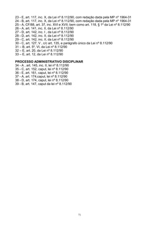 23 - E, art. 117, inc. X, da Lei nº 8.112/90, com redação dada pela MP nº 1964-31
24 - B, art. 117, inc. X, da Lei nº 8.112/90, com redação dada pela MP nº 1964-31
25 - A, CF/88, art. 37, inc. XVI e XVII; bem como art. 118, § 1º da Lei nº 8.112/90
26 - A, art. 141, inc. II, da Lei nº 8.112/90
27 - D, art. 142, inc. I , da Lei nº 8.112/90
28 - D, art. 142, inc. II, da Lei nº 8.112/90
29 - C, art. 142, inc. II, da Lei nº 8.112/90
30 - C, art. 127, V , c/c art. 135, e parágrafo único da Lei nº 8.112/90
31 – B, art. 5º, VI, da Lei nº 8.112/90
32 – E, art. 20, da Lei nº 8.112/90
33 – E, art. 12, da Lei nº 8.112/90
PROCESSO ADMINISTRATIVO DISCIPLINAR
34 - A , art. 145, inc. II, lei nº 8.112/90
35 - C, art. 152, caput, lei nº 8.112/90
36 - E, art. 161, caput, lei nº 8.112/90
37 - A, art. 174,caput, lei nº 8.112/90
38 - D, art. 174, caput, lei nº 8.112/90
39 - B, art. 147, caput da lei nº 8.112/90
71
 