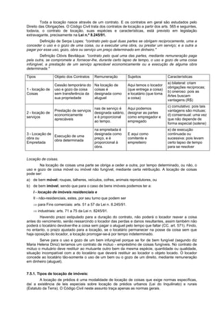 Toda a locação nasce através de um contrato. E os contratos em geral são estudados pelo
Direito das Obrigações. O Código Civil trata dos contratos de locação a partir dos arts. 565 e seguintes,
todavia, o contrato de locação, suas espécies e características, está previsto em legislação
extravagante, precisamente na Lei n.º 8.245/91.
Definição de Serpa Lopes: "contrato pelo qual duas partes se obrigam reciprocamente, uma a
conceder o uso e o gozo de uma coisa, ou a executar uma obra, ou prestar um serviço; e a outra a
pagar por esse uso, gozo, obra ou serviço um preço determinado em dinheiro."
Definição Clóvis Beviláqua: "contrato pelo qual uma das partes, mediante remuneração paga
pela outra, se compromete a .fornecer-lhe, durante certo lapso de tempo, o uso e gozo de uma coisa
infúngivel, a prestação de um serviço apreciável economicamente ou a execução de alguma obra
determinada."
Tipos Objeto dos Contratos Remuneração Sujeitos Características
1 - locação de
Coisas
Cessão temporária do
uso e gozo da coisa
sem transferência da
sua propriedade
Na locação de
coisas é
designada como
aluguel
Aqui temos o locador
(que entrega a coisa)
e locatário (que toma
a coisa)
a) bilateral: criam
obrigações recíprocas;
b) oneroso: pois as
Artes buscam
vantagens (R$)
2 - locação de
serviços
Prestação de serviços
economicamente
apreciáveis
nas de serviço é
designada salário,
e é proporcional
ao tempo.
Aqui podemos
designar as partes
como empregador e
empregado
c) comutativo: pois tais
vantagens são mútuas;
d) consensual: uma vez
que não depende de
forma especial (solene)
3 - Locação de
obra ou
Empreitada
Execução de uma
obra determinada
na empreitada é
designada como
preço, e é
proporcional à
obra.
E aqui como
comitente e
empreiteiro
e) de execução
continuada ou
sucessiva: pois levam
certo lapso de tempo
para se resolver
Locação de coisas.
Na locação de coisas uma parte se obriga a ceder a outra, por tempo determinado, ou não, o
uso e gozo de coisa móvel ou imóvel não fungível, mediante certa retribuição. A locação de coisas
pode ser:
a) de bem móvel: roupas, talheres, veículos, cofres, animais reprodutores, ou
b) de bem imóvel, sendo que para o caso de bens imóveis podemos ter a:
l - locação de imóveis residenciais e
II - não-residenciais, estes, por seu turno que podem ser
⇒ para Fins comerciais: arts. 51 a 57 da Lei n. 8.245/91.
⇒ industriais: arts. 71 a 75 da Lei n. 8245/91.
Havendo prazo estipulado para a duração do contrato, não poderá o locador reaver a coisa
antes do vencimento, senão ressarcindo o locador das perdas e danos resultantes, assim também não
poderá o locatário devolver-lhe a coisa sem pagar o aluguel pelo tempo que faltar (CC. art. 571). Findo,
no entanto, o prazo ajustado para a locação, se o locatário permanecer na posse da coisa sem que
haja oposição do locador, a locação prorrogar-se-á por tempo indeterminado.
Serve para o uso e gozo de um bem infungível porque se for de bem fungível (segundo diz
Maria Helena Diniz) teríamos um contrato de mútuo - empréstimo de coisas fungíveis. No contrato de
mútuo o mutuário deve restituir ao mutuante outro bem da mesma espécie, quantidade ou qualidade,
situação incompatível com a do locatário que deverá restituir ao locador o objeto locado. O locador
concede ao locatário tão-somente o uso de um bem ou o gozo de um direito, mediante remuneração
em dinheiro (aluguel).
7.5.1. Tipos de locação de imóveis:
A locação de prédios é uma modalidade de locação de coisas que exige normas específicas,
daí a existência de leis especiais sobre locação de prédios urbanos (Lei do Inquilinato) e rurais
(Estatuto da Terra). O Código Civil neste assunto traça apenas as normas gerais.
 
