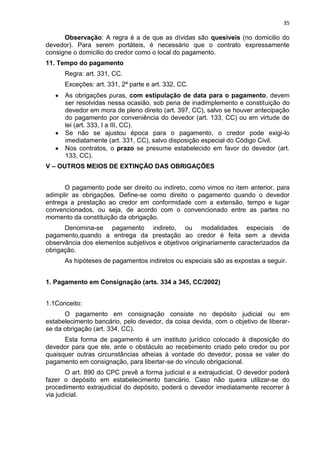 35
Observação: A regra é a de que as dívidas são quesíveis (no domicilio do
devedor). Para serem portáteis, é necessário que o contrato expressamente
consigne o domicilio do credor como o local do pagamento.
11. Tempo do pagamento
Regra: art. 331, CC.
Exceções: art. 331, 2ª parte e art. 332, CC.
As obrigações puras, com estipulação de data para o pagamento, devem
ser resolvidas nessa ocasião, sob pena de inadimplemento e constituição do
devedor em mora de pleno direito (art. 397, CC), salvo se houver antecipação
do pagamento por conveniência do devedor (art. 133, CC) ou em virtude de
lei (art. 333, I a III, CC).
Se não se ajustou época para o pagamento, o credor pode exigi-lo
imediatamente (art. 331, CC), salvo disposição especial do Código Civil.
Nos contratos, o prazo se presume estabelecido em favor do devedor (art.
133, CC).
V – OUTROS MEIOS DE EXTINÇÃO DAS OBRIGAÇÕES
O pagamento pode ser direito ou indireto, como vimos no item anterior, para
adimplir as obrigações. Define-se como direito o pagamento quando o devedor
entrega a prestação ao credor em conformidade com a extensão, tempo e lugar
convencionados, ou seja, de acordo com o convencionado entre as partes no
momento da constituição da obrigação.
Denomina-se pagamento indireto, ou modalidades especiais de
pagamento,quando a entrega da prestação ao credor é feita sem a devida
observância dos elementos subjetivos e objetivos originariamente caracterizados da
obrigação.
As hipóteses de pagamentos indiretos ou especiais são as expostas a seguir.
1. Pagamento em Consignação (arts. 334 a 345, CC/2002)
1.1Conceito:
O pagamento em consignação consiste no depósito judicial ou em
estabelecimento bancário, pelo devedor, da coisa devida, com o objetivo de liberar-
se da obrigação (art. 334, CC).
Esta forma de pagamento é um instituto jurídico colocado à disposição do
devedor para que ele, ante o obstáculo ao recebimento criado pelo credor ou por
quaisquer outras circunstâncias alheias à vontade do devedor, possa se valer do
pagamento em consignação, para libertar-se do vínculo obrigacional.
O art. 890 do CPC prevê a forma judicial e a extrajudicial. O devedor poderá
fazer o depósito em estabelecimento bancário. Caso não queira utilizar-se do
procedimento extrajudicial do depósito, poderá o devedor imediatamente recorrer à
via judicial.
 