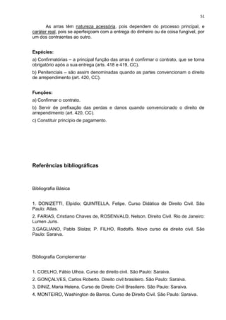 51
As arras têm natureza acessória, pois dependem do processo principal, e
caráter real, pois se aperfeiçoam com a entrega do dinheiro ou de coisa fungível, por
um dos contraentes ao outro.
Espécies:
a) Confirmatórias – a principal função das arras é confirmar o contrato, que se torna
obrigatório após a sua entrega (arts. 418 e 419, CC).
b) Penitenciais – são assim denominadas quando as partes convencionam o direito
de arrependimento (art. 420, CC).
Funções:
a) Confirmar o contrato.
b) Servir de prefixação das perdas e danos quando convencionado o direito de
arrependimento (art. 420, CC).
c) Constituir princípio de pagamento.
Referências bibliográficas
Bibliografia Básica
1. DONIZETTI, Elpídio; QUINTELLA, Felipe. Curso Didático de Direito Civil. São
Paulo: Atlas.
2. FARIAS, Cristiano Chaves de, ROSENVALD, Nelson. Direito Civil. Rio de Janeiro:
Lumen Juris.
3.GAGLIANO, Pablo Stolze; P. FILHO, Rodolfo. Novo curso de direito civil. São
Paulo: Saraiva.
Bibliografia Complementar
1. COELHO, Fábio Ulhoa. Curso de direito civil. São Paulo: Saraiva.
2. GONÇALVES, Carlos Roberto. Direito civil brasileiro. São Paulo: Saraiva.
3. DINIZ, Maria Helena. Curso de Direito Civil Brasileiro. São Paulo: Saraiva.
4. MONTEIRO, Washington de Barros. Curso de Direito Civil. São Paulo: Saraiva.
 