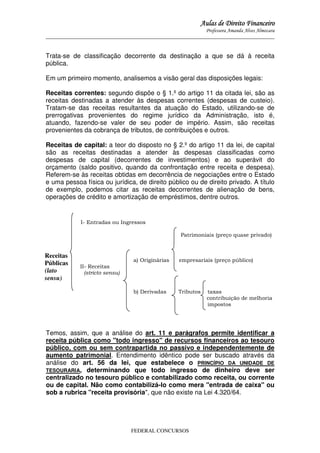 Aulas de Direito Financeiro
Professora Amanda Alves Almozara
_____________________________________________________________________________________

Trata-se de classificação decorrente da destinação a que se dá à receita
pública.
Em um primeiro momento, analisemos a visão geral das disposições legais:
Receitas correntes: segundo dispõe o § 1.º do artigo 11 da citada lei, são as
receitas destinadas a atender às despesas correntes (despesas de custeio).
Tratam-se das receitas resultantes da atuação do Estado, utilizando-se de
prerrogativas provenientes do regime jurídico da Administração, isto é,
atuando, fazendo-se valer de seu poder de império. Assim, são receitas
provenientes da cobrança de tributos, de contribuições e outros.
Receitas de capital: a teor do disposto no § 2.º do artigo 11 da lei, de capital
são as receitas destinadas a atender às despesas classificadas como
despesas de capital (decorrentes de investimentos) e ao superávit do
orçamento (saldo positivo, quando da confrontação entre receita e despesa).
Referem-se às receitas obtidas em decorrência de negociações entre o Estado
e uma pessoa física ou jurídica, de direito público ou de direito privado. A título
de exemplo, podemos citar as receitas decorrentes de alienação de bens,
operações de crédito e amortização de empréstimos, dentre outros.

I- Entradas ou Ingressos
Patrimoniais (preço quase privado)

Receitas
Públicas
(lato
sensu)

a) Originárias

empresariais (preço público)

b) Derivadas

Tributos

II- Receitas
(stricto sensu)

taxas
contribuição de melhoria
impostos

Temos, assim, que a análise do art. 11 e parágrafos permite identificar a
receita pública como "todo ingresso" de recursos financeiros ao tesouro
público, com ou sem contrapartida no passivo e independentemente de
aumento patrimonial. Entendimento idêntico pode ser buscado através da
análise do art. 56 da lei, que estabelece o PRINCÍPIO DA UNIDADE DE
TESOURARIA, determinando que todo ingresso de dinheiro deve ser
centralizado no tesouro público e contabilizado como receita, ou corrente
ou de capital. Não como contabilizá-lo como mera "entrada de caixa" ou
sob a rubrica "receita provisória", que não existe na Lei 4.320/64.

FEDERAL CONCURSOS

 