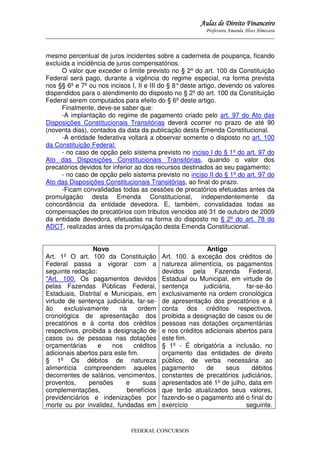 Aulas de Direito Financeiro
Professora Amanda Alves Almozara
_____________________________________________________________________________________

mesmo percentual de juros incidentes sobre a caderneta de poupança, ficando
excluída a incidência de juros compensatórios.
O valor que exceder o limite previsto no § 2º do art. 100 da Constituição
Federal será pago, durante a vigência do regime especial, na forma prevista
nos §§ 6º e 7º ou nos incisos I, II e III do § 8° deste artigo, devendo os valores
dispendidos para o atendimento do disposto no § 2º do art. 100 da Constituição
Federal serem computados para efeito do § 6º deste artigo.
Finalmente, deve-se saber que:
-A implantação do regime de pagamento criado pelo art. 97 do Ato das
Disposições Constitucionais Transitórias deverá ocorrer no prazo de até 90
(noventa dias), contados da data da publicação desta Emenda Constitucional.
-A entidade federativa voltará a observar somente o disposto no art. 100
da Constituição Federal:
- no caso de opção pelo sistema previsto no inciso I do § 1º do art. 97 do
Ato das Disposições Constitucionais Transitórias, quando o valor dos
precatórios devidos for inferior ao dos recursos destinados ao seu pagamento;
- no caso de opção pelo sistema previsto no inciso II do § 1º do art. 97 do
Ato das Disposições Constitucionais Transitórias, ao final do prazo.
-Ficam convalidadas todas as cessões de precatórios efetuadas antes da
promulgação desta Emenda Constitucional, independentemente da
concordância da entidade devedora. E, também, convalidadas todas as
compensações de precatórios com tributos vencidos até 31 de outubro de 2009
da entidade devedora, efetuadas na forma do disposto no § 2º do art. 78 do
ADCT, realizadas antes da promulgação desta Emenda Constitucional.
Novo
Art. 1º O art. 100 da Constituição
Federal passa a vigorar com a
seguinte redação:
"Art. 100. Os pagamentos devidos
pelas Fazendas Públicas Federal,
Estaduais, Distrital e Municipais, em
virtude de sentença judiciária, far-seão
exclusivamente
na
ordem
cronológica de apresentação dos
precatórios e à conta dos créditos
respectivos, proibida a designação de
casos ou de pessoas nas dotações
orçamentárias
e
nos
créditos
adicionais abertos para este fim.
§ 1º Os débitos de natureza
alimentícia compreendem aqueles
decorrentes de salários, vencimentos,
proventos,
pensões
e
suas
complementações,
benefícios
previdenciários e indenizações por
morte ou por invalidez, fundadas em

Antigo
Art. 100. à exceção dos créditos de
natureza alimentícia, os pagamentos
devidos pela Fazenda Federal,
Estadual ou Municipal, em virtude de
sentença
judiciária,
far-se-ão
exclusivamente na ordem cronológica
de apresentação dos precatórios e à
conta dos créditos respectivos,
proibida a designação de casos ou de
pessoas nas dotações orçamentárias
e nos créditos adicionais abertos para
este fim.
§ 1º - É obrigatória a inclusão, no
orçamento das entidades de direito
público, de verba necessária ao
pagamento
de
seus
débitos
constantes de precatórios judiciários,
apresentados até 1º de julho, data em
que terão atualizados seus valores,
fazendo-se o pagamento até o final do
exercício
seguinte.

FEDERAL CONCURSOS

 