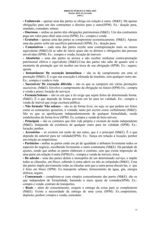 DIREITO PÚBLICO E PRIVADO
Andrea Melo de Carvalho
2009.2
- Unilaterais – apenas uma das partes se obriga em relação à outra. (M&E). Há apenas
obrigações para um dos contraentes e direitos para o outro(SPM). Ex.: doação pura,
mandato, comodato, mútuo.
- Onerosos – ambas as partes têm obrigações patrimoniais.(M&E). Um dos contraentes
paga um valor para obter uma coisa (SPM). Ex.: compra e venda
- Gratuitos – apenas uma das partes se compromete economicamente. (M&E). Apenas
uma das partes sofre um sacrifício patrimonial (SPM). Ex.: doação pura.
- Comutativos – cada uma das partes recebe uma contraprestação mais ou menos
equivalente (M&E).Já se sabe de início quais são os direitos e obrigações das pessoas
envolvidas (SPM). Ex.: compra e venda; locação de imóveis
- Aleatórios – uma das partes se arrisca a não receber nenhuma contra-prestação
patrimonial efetiva e equivalente (M&E).Uma das partes não sabe de quanto será o
montante da prestação que irá receber em troca de sua obrigação (SPM). Ex.: seguro;
aposta
- Instantâneos/ De execução instantânea – são os de cumprimento em uma só
prestação (M&E). È o que sua execução é efetuada de imediato, sem qualquer outro ato.
Ex.: compra e venda a vista
- Sucessivos/ De execução diferida – são os que se cumprem em várias prestações
sucessivas. (M&E). Envolve o cumprimento da obrigação no futuro (SPM) Ex.: compra
e venda a prazo; locação de serviços.
- Formais/Solenes – são os em que a lei exige que sejam feitos de determinada forma.
(M&E). É o que depende de forma prevista em lei para ter validade. Ex.: compra e
venda de imóvel que exige escritura pública.
- Não formais/ Não solenes – são os de forma livre, ou seja, os que podem ser feitos
como os contraentes quiserem, à vontade, tanto por escrito como verbalmente (M&E).
São os que se aperfeiçoam independentemente de qualquer formalidade, sendo
estabelecidos de forma livre (SPM). Ex.:compra e venda de bens móveis.
- Principais – são os contratos que têm vida própria e existem de modo independente
(M&E). Independe da existência de qualquer outro para ter validade (SPM). Ex.:
locação; penhor.
- Acessórios – só existem em razão de um outro, que é o principal (M&E). É o que
depende do anterior para ter validade(SPM). Ex.: fiança em relação à locação; penhor
em relação ao empréstimo.
- Paritários - ambas as partes estão em pé de igualdade e debatem livremente todos os
aspectos do negócio, escolhendo livremente o outro contratante (M&E). Há paridade de
ajustes, sendo que ambas as partes elaboram o contrato, sem que exista imposição de
uma parte em relação à outra (SPM).Ex.: compra e venda de móveis; troca.
- De adesão – uma das partes detém o monopólio de um determinado serviço, e impõe
todas as cláusulas, em bloco, cabendo à outra aderir ou não ao estipulado (M&E). Uma
das partes impõe previamente todas as clásulas sem que a outra possa discuti-las, o que
é feito em bloco (SPM). Ex.:transporte urbano; fornecimento de água, gás, energia
elétrica; seguro.
- Consensuais – completam-se com simples consentimento das partes (M&E). são os
que independem de formalidade, bastando o mero ajuste de vontades(SPM). Ex.:
compra e venda; contrato de transportes.
- Reais – além do consentimento, exigem a entrega da coisa para se completarem
(M&E). Existe a necessidade da entrega de uma coisa (SPM). Ex.:empréstimo;
depósito; penhor; compra e venda; comodato.
16
 