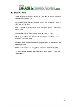 75
10 - BIBLIOGRAFIA
ÁVILA, Thiago André Pierobom de; ROCHA, Zélio Maia da. Direito Processual
Penal. Brasília: Vestcon, 2004.
BITTENCOURT, Cezar Roberto. Tratado de Direito Penal. Parte geral. Volume 1.
São Paulo: Saraiva, 2003.
CAPEZ, Fernando. Curso de Direito Penal. Parte geral. Volume 1. São Paulo:
Saraiva, 2005.
GOMES, Luiz Flávio. Direito Processual Penal. São Paulo: RT, 2005.
MARQUES, José Frederico. Elementos de Direito Processual Penal. Volume I.
Campinas: Millennium, 2003.
MIRABETE, Julio Fabbrini. Manual de Direito Penal. Parte geral. Volume 1. São
Paulo: Atlas, 2005.
NUCCI, Guilherme de Souza. Código Penal comentado. São Paulo: RT, 2003..
TOURINHO FILHO, Fernando da Costa. Processo penal. Volume 1. São Paulo:
Saraiva, 2005.
 