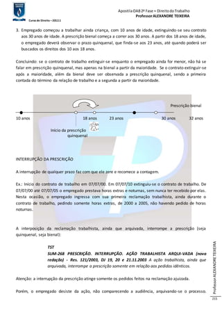 Apostila OAB 2ª Fase ≈ Direito do Trabalho 
Professor ALEXANDRE TEIXEIRA 
Curso de Direito – 2012.1 
Professor ALEXANDRE TEIXEIRA 
215 
3. Empregado começou a trabalhar ainda criança, com 10 anos de idade, extinguindo-se seu contrato 
aos 30 anos de idade. A prescrição bienal começa a correr aos 30 anos. A partir dos 18 anos de idade, 
o empregado deverá observar o prazo quinquenal, que finda-se aos 23 anos, até quando poderá ser 
buscados os direitos dos 10 aos 18 anos. 
Concluindo: se o contrato de trabalho extinguir-se enquanto o empregado ainda for menor, não há se 
falar em prescrição quinquenal, mas apenas na bienal a partir da maioridade. Se o contrato extinguir-se 
após a maioridade, além da bienal deve ser observada a prescrição quinquenal, sendo a primeira 
contada do término da relação de trabalho e a segunda a partir da maioridade. 
Prescrição bienal 
10 anos 18 anos 23 anos 30 anos 32 anos 
Início da prescrição 
quinquenal 
INTERRUPÇÃO DA PRESCRIÇÃO 
A interrupção de qualquer prazo faz com que ele zere e recomece a contagem. 
Ex.: Início do contrato de trabalho em 07/07/00. Em 07/07/10 extinguiu-se o contrato de trabalho. De 
07/07/00 até 07/07/05 o empregado prestava horas extras e noturnas, sem nunca ter recebido por elas. 
Nesta ocasião, o empregado ingressa com sua primeira reclamação trabalhista, ainda durante o 
contrato de trabalho, pedindo somente horas extras, de 2000 a 2005, não havendo pedido de horas 
noturnas. 
A interposição da reclamação trabalhista, ainda que arquivada, interrompe a prescrição (seja 
quinquenal, seja bienal): 
TST 
SUM-268 PRESCRIÇÃO. INTERRUPÇÃO. AÇÃO TRABALHISTA ARQUI-VADA (nova 
redação) - Res. 121/2003, DJ 19, 20 e 21.11.2003 A ação trabalhista, ainda que 
arquivada, interrompe a prescrição somente em relação aos pedidos idênticos. 
Atenção: a interrupção da prescrição atinge somente os pedidos feitos na reclamação ajuizada. 
Porém, o empregado desiste da ação, não comparecendo a audiência, arquivando-se o processo. 
 