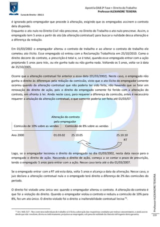 Apostila OAB 2ª Fase ≈ Direito do Trabalho 
Professor ALEXANDRE TEIXEIRA 
Curso de Direito – 2012.1 
Professor ALEXANDRE TEIXEIRA 
219 
é ignorado pelo empregador que procede à alteração, exigindo que os empregados assinem o contrato 
dela dispondo. 
Enquanto o ato nulo no Direito Civil não prescreve, no Direito do Trabalho o ato nulo prescreve. Assim, o 
empregado tem 5 anos a partir do ato (da alteração contratual) para buscar a nulidade dessa alteração e 
a diferença da redução. 
Em 01/03/2002 o empregador alterou o contrato de trabalho e ao alterar o contrato de trabalho ele 
cometeu ato ilícito. Esse empregado só entrou com a Reclamação Trabalhista em 25/10/2010. Como o 
direito decorre do contrato, a prescrição é total e, se é total, quando esse empregado entrar com a ação 
projetando 5 anos para trás, ou ele ganha tudo ou não ganha nada. Voltando os 5 anos, volta-se à data 
de 25/10/2005. 
Ocorre que a alteração contratual foi anterior a essa data (01/03/2002). Neste caso, o empregado não 
ganha o direito às diferenças pela redução da comissão, visto que o ato ilícito do empregador somente 
ocorreu quando da alteração contratual que não poderia ter sido feita, não havendo que se falar em 
renovação do direito de ação, pois o direito do empregado somente foi ferido com a alteração do 
contrato, em afronta à lei. Ainda neste caso, para requerer a diferença da comissão, antes é necessário 
requerer a anulação da alteração contratual, o que somente poderia ser feito até 01/03/07. 
Alteração do contrato 
pelo empregador 
Comissão de 10% sobre as vendas Comissão de 8% sobre as vendas 
Ano 2000 01.03.02 25.10.05 25.10.10 
RT 
Logo, se o empregador lesionou o direito do empregado no dia 01/03/2002, nesta data nasce para o 
empregado o direito de ação. Nascendo o direito de ação, começa a se contar o prazo de prescrição, 
tendo o empregado 5 anos para entrar com a ação. Nesse caso teria até o dia 01/03/2007. 
Se o empregado entrar com a RT até esta data, volta 5 anos e alcança a data da alteração. Nesse caso, o 
juiz declara a alteração contratual nula e o empregado terá direito a diferença de 2% das comissões do 
período. 
O direito foi violado uma única vez: quando o empregador alterou o contrato. A alteração do contrato é 
que foi a violação do direito. Quando o empregador violou o contrato e reduziu a comissão de 10% para 
8%, fez um ato único. O direito violado foi o direito a inalterabilidade contratual lesiva75. 
75 Art. 468, CLT - Nos contratos individuais de trabalho só é lícita a alteração das respectivas condições por mútuo consentimento, e ainda assim 
desde que não resultem, direta ou indiretamente, prejuízos ao empregado, sob pena de nulidade da cláusula infringente desta garantia. 
 