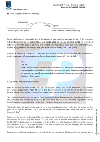 Apostila OAB 2ª Fase ≈ Direito do Trabalho 
Professor ALEXANDRE TEIXEIRA 
Curso de Direito – 2012.1 
Professor ALEXANDRE TEIXEIRA 
39 
Ex.: bancário (data-base em setembro) 
Aviso prévio 
________________________ _______________________ 
O3 de agosto – av. prévio 02 de setembro (término contrato) 
Sendo notificado o empregado em 3 de agosto, o seu contrato prorroga-se até 2 de setembro, 
independentemente de ser trabalhado ou indenizado. Logo, no caso do bancário, sendo em setembro a 
data-base, havendo reajuste coletivo, este incidirá no aviso prévio, ainda que tenha sido indenizado, 
quando o pagamento é feito até 10 dias após a notificação, ou seja, dia 13 de agosto. 
Isso ocorre mesmo se o reajuste ocorrer após a data-base, ou seja, se ultrapassar o mês da data-base, 
tendo, nesse caso, efeito retroativo, conforme determinado no art. 487, §6º, da CLT: 
CLT 
Art. 487 
§ 6º O reajustamento salarial coletivo determinado no curso do aviso prévio, beneficia 
o empregado pré-avisado da despedida, mesmo que tenha recebido antecipadamente 
os salários correspondentes ao período do aviso, que integra seu tempo de serviço para 
todos os efeitos legais. 
1.1.10. AVISO PRÉVIO PROPORCIONAL 
Após ter entrado em vigor no dia 13.10.2011, a alteração trazida pela Lei 12.506 trouxe o tão sonhado 
aviso prévio proporcional. Após 23 anos e oito dias, finalmente o inc. XXI do art. 7o da Constituição 
Federal foi regulamentado e o aviso prévio proporcional passou a existir disciplinado da seguinte forma: 
“Art. 1o O aviso prévio, de que trata o Capítulo VI do Título IV da Consolidação das Leis do Trabalho – 
CLT, aprovada pelo Decreto-Lei no 5.452, de 1o de maio de 1943, será concedido na proporção de 30 
(trinta) dias aos empregados que contem até 1 (um) ano de serviço na mesma empresa”. 
“Parágrafo único. Ao aviso prévio previsto neste artigo serão acrescidos 3 (três) dias por ano de serviço 
prestado na mesma empresa, até o máximo de 60 (sessenta) dias, perfazendo um total de até 90 
(noventa) dias”. 
Assim, ao ser o empregado despedido sem justa causa no primeiro ano de contrato, terá no mínimo 
aviso prévio de 30 dias (art. 487, caput, CLT), aos quais serão acrescidos 3 dias por cada ano de serviço 
Lei 12.506/11). Logo, caso um empregado seja despedido sem justa causa com até um ano de serviço o 
aviso será de 30 dias. Caso seja despedido com, por exemplo, dois anos de emprego, terá os 30 dias 
mínimos mais 3 dias, num total de 33 dias. 
Esta proporcionalidade, no entanto, está limitada ao um máximo de 60 dias acrescidos àqueles 30, ou 
 