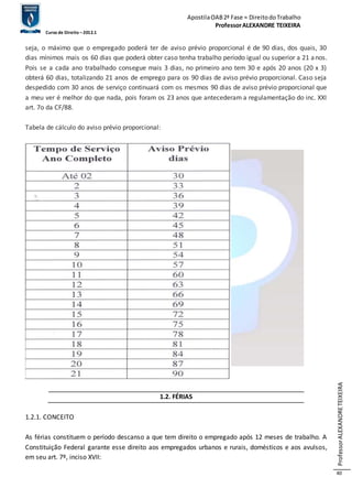 Apostila OAB 2ª Fase ≈ Direito do Trabalho 
Professor ALEXANDRE TEIXEIRA 
Curso de Direito – 2012.1 
Professor ALEXANDRE TEIXEIRA 
40 
seja, o máximo que o empregado poderá ter de aviso prévio proporcional é de 90 dias, dos quais, 30 
dias mínimos mais os 60 dias que poderá obter caso tenha trabalho período igual ou superior a 21 anos. 
Pois se a cada ano trabalhado consegue mais 3 dias, no primeiro ano tem 30 e após 20 anos (20 x 3) 
obterá 60 dias, totalizando 21 anos de emprego para os 90 dias de aviso prévio proporcional. Caso seja 
despedido com 30 anos de serviço continuará com os mesmos 90 dias de aviso prévio proporcional que 
a meu ver é melhor do que nada, pois foram os 23 anos que antecederam a regulamentação do inc. XXI 
art. 7o da CF/88. 
Tabela de cálculo do aviso prévio proporcional: 
1.2. FÉRIAS 
1.2.1. CONCEITO 
As férias constituem o período descanso a que tem direito o empregado após 12 meses de trabalho. A 
Constituição Federal garante esse direito aos empregados urbanos e rurais, domésticos e aos avulsos, 
em seu art. 7º, inciso XVII: 
 