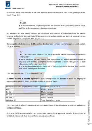 Apostila OAB 2ª Fase ≈ Direito do Trabalho 
Professor ALEXANDRE TEIXEIRA 
Curso de Direito – 2012.1 
Professor ALEXANDRE TEIXEIRA 
48 
Os maiores de 50 e os menores de 18 anos terão as férias concedidas de uma só vez, por força do art. 
134, § 2º, da CLT: 
CLT 
Art. 134. 
§ 2º Aos menores de 18 (dezoito) anos e aos maiores de 50 (cinqüenta) anos de idade, 
as férias serão sempre concedidas de uma só vez. 
Os membros de uma mesma família que trabalhem num mesmo estabelecimento ou na mesma 
empresa terão direito de gozar suas férias num mesmo período, desde que assim o requeiram e não 
causem prejuízo ao serviço (art. 136, §1º, da CLT). 
O empregado estudante menor de 18 anos tem direito a fazer coincidir suas férias com as escolares (art. 
136, §2º, da CLT). 
CLT 
Art. 136. A época da concessão das férias será a que melhor consulte os interesses do 
empregador. 
§ 1º Os membros de uma família, que trabalharem no mesmo estabelecimento ou 
empresa, terão direito a gozar férias no mesmo período, se assim o desejarem e se disto 
não resultar prejuízo para o serviço. 
§ 2º O empregado estudante, menor de 18 (dezoito) anos terá direito a fazer coincidir 
suas férias com as férias escolares. 
1.2.4. FALTAS DURANTE O PERÍODO AQUISITIVO 
As faltas durante o período aquisitivo e suas conseqüências no período de férias do empregado 
encontram-se previstas no art. 130 Consolidado, da seguinte forma: 
Faltas injustificadas no período aquisitivo Período de gozo de férias 
Até 5 30 dias corridos 
De 6 a 14 24 dias corridos 
De 15 a 23 18 dias corridos 
De 24 a 32 12 dias corridos 
Acima de 32 Perda do direito às férias 
1.2.5. SISTEMA DE FÉRIAS DIFERENCIADAS PARA EMPREGADOS SUBMETIDOS A REGIME DE TRABALHO 
DE TEMPO PARCIAL 
O sistema de férias diferenciadas para empregados submetidos a regime de trabalho de tempo parcial 
foi tratado no art. 130-A da CLT, conforme abaixo demonstrado: 
 