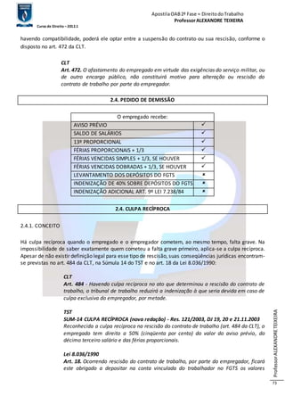 Apostila OAB 2ª Fase ≈ Direito do Trabalho 
Professor ALEXANDRE TEIXEIRA 
Curso de Direito – 2012.1 
Professor ALEXANDRE TEIXEIRA 
73 
havendo compatibilidade, poderá ele optar entre a suspensão do contrato ou sua rescisão, conforme o 
disposto no art. 472 da CLT. 
CLT 
Art. 472. O afastamento do empregado em virtude das exigências do serviço militar, ou 
de outro encargo público, não constituirá motivo para alteração ou rescisão do 
contrato de trabalho por parte do empregador. 
2.4. PEDIDO DE DEMISSÃO 
O empregado recebe: 
AVISO PRÉVIO  
SALDO DE SALÁRIOS  
13º PROPORCIONAL  
FÉRIAS PROPORCIONAIS + 1/3  
FÉRIAS VENCIDAS SIMPLES + 1/3, SE HOUVER  
FÉRIAS VENCIDAS DOBRADAS + 1/3, SE HOUVER  
LEVANTAMENTO DOS DEPÓSITOS DO FGTS  
INDENIZAÇÃO DE 40% SOBRE DEPÓSITOS DO FGTS  
INDENIZAÇÃO ADICIONAL ART. 9º LEI 7.238/84  
2.4. CULPA RECÍPROCA 
2.4.1. CONCEITO 
Há culpa recíproca quando o empregado e o empregador cometem, ao mesmo tempo, falta grave. Na 
impossibilidade de saber exatamente quem cometeu a falta grave primeiro, aplica-se a culpa recíproca. 
Apesar de não existir definição legal para esse tipo de rescisão, suas conseqüências jurídicas encontram-se 
previstas no art. 484 da CLT, na Súmula 14 do TST e no art. 18 da Lei 8.036/1990: 
CLT 
Art. 484 - Havendo culpa recíproca no ato que determinou a rescisão do contrato de 
trabalho, o tribunal de trabalho reduzirá a indenização à que seria devida em caso de 
culpa exclusiva do empregador, por metade. 
TST 
SUM-14 CULPA RECÍPROCA (nova redação) - Res. 121/2003, DJ 19, 20 e 21.11.2003 
Reconhecida a culpa recíproca na rescisão do contrato de trabalho (art. 484 da CLT), o 
empregado tem direito a 50% (cinqüenta por cento) do valor do aviso prévio, do 
décimo terceiro salário e das férias proporcionais. 
Lei 8.036/1990 
Art. 18. Ocorrendo rescisão do contrato de trabalho, por parte do empregador, ficará 
este obrigado a depositar na conta vinculada do trabalhador no FGTS os valores 
 