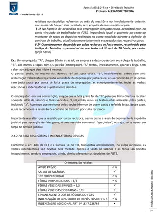 Apostila OAB 2ª Fase ≈ Direito do Trabalho 
Professor ALEXANDRE TEIXEIRA 
Curso de Direito – 2012.1 
Professor ALEXANDRE TEIXEIRA 
74 
relativos aos depósitos referentes ao mês da rescisão e ao imediatamente anterior, 
que ainda não houver sido recolhido, sem prejuízo das cominações legais. 
§ 1º Na hipótese de despedida pelo empregador sem justa causa, depositará este, na 
conta vinculada do trabalhador no FGTS, importância igual a quarenta por cento do 
montante de todos os depósitos realizados na conta vinculada durante a vigência do 
contrato de trabalho, atualizados monetariamente e acrescidos dos respectivos juros. 
§ 2º Quando ocorrer despedida por culpa recíproca ou força maior, reconhecida pela 
Justiça do Trabalho, o percentual de que trata o § 1º será de 20 (vinte) por cento. 
(grifo nosso) 
Ex.: Um empregado, “A”, chegou 10min atrasado na empresa e deparou-se com seu colega de trabalho, 
“B”, aos murros a tapas com seu patrão (empregador). “A” tentou, imediatamente, apartar a briga, sem 
saber ao certo que deu início à mesma. 
O patrão, então, no mesmo dia, demitiu “B” por justa causa. “B”, inconformado, entrou com uma 
reclamação trabalhista requerendo a nulidade da dispensa por justa causa, a sua conversão em dispensa 
sem justa causa por conta de falta grava do empregador, e, consequentemente, todas as verbas 
rescisórias e indenizatórias supostamente devidas. 
O empregador, em sua contestação, alegou que a falta grave foi de “B”, pelo que tinha direito a receber 
somente saldo de salários e férias vencidas. O juiz, então, ouviu as testemunhas arroladas pelas partes, 
incluindo “A”. Acontece que nenhuma delas soube informar de quem partiu a referida briga. Nesse caso, 
o juiz reconhecerá a rescisão do contrato de trabalho por culta recíproca. 
Importante ressaltar que a rescisão por culpa recíproca, assim como a rescisão decorrente de inquérito 
judicial para apuração de falta grave, é uma rescisão contratual “ope judice”, ou seja, só se opera por 
força de decisão judicial. 
2.4.2. VERBAS RESCISÓRIAS E INDENIZATÓRIAS DEVIDAS 
Conforme o art. 484 da CLT e a Súmula 14 do TST, transcritos anteriormente, na culpa recíproca, as 
verbas indenizatórias são devidas pela metade. Apenas o saldo de salários e as férias são devidos 
integralmente, tendo o empregado, ainda, direito a levantar os depósitos de FGTS. 
O empregado recebe: 
AVISO PRÉVIO ½ 
SALDO DE SALÁRIOS  
13º PROPORCIONAL ½ 
FÉRIAS PROPORCIONAIS + 1/3 ½ 
FÉRIAS VENCIDAS SIMPLES + 1/3  
FÉRIAS VENCIDAS DOBRADAS + 1/3  
LEVANTAMENTO DOS DEPÓSITOS DO FGTS  
INDENIZAÇÃO DE 40% SOBRE OS DEPÓSITOS DO FGTS ½ 
INDENIZAÇÃO ADICIONAL ART. 9º LEI 7.238/84  
 