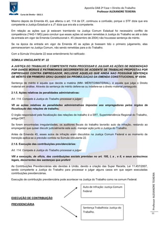 Apostila OAB 2ª Fase ≈ Direito do Trabalho 
Professor ALEXANDRE TEIXEIRA 
Curso de Direito – 2012.1 
Professor ALEXANDRE TEIXEIRA 
11 
Mesmo depois da Emenda 45, que alterou o art. 114 da CF, continuou a confusão, porque o STF dizia que era 
competente a Justiça Estadual e a JT dizia que era ela a competente. 
Em relação as ações que já estavam tramitando na Justiça Comum Estadual foi necessário conflito de 
competência (7442-1 MG) para concluir que essas ações só seriam remetidas à Justiça do Trabalho se até a data 
da entrada em vigor da Emenda Constitucional n. 45 (dezembro de 2004) não houvesse sentença de mérito. 
Se na época da entrada em vigor da Emenda 45 as ações já tivessem tido o primeiro julgamento, elas 
permaneceriam na Justiça Comum, não sendo remetidas para a do Trabalho. 
Com a Súmula Vinculante 22 esse entendimento foi ratificado: 
SÚMULA VINCULANTE Nº. 22 
A JUSTIÇA DO TRABALHO É COMPETENTE PARA PROCESSAR E JULGAR AS AÇÕES DE INDENIZAÇAO 
POR DANOS MORAIS E PATRIMONIAIS DECORRENTES DE ACIDENTE DE TRABALHO PROPOSTAS POR 
EMPREGADO CONTRA EMPREGADOR, INCLUSIVE AQUELAS QUE AINDA NAO POSSUÍAM SENTENÇA 
DE MÉRITO EM PRIMEIRO GRAU QUANDO DA PROMULGAÇAO DA EMENDA CONSTITUCIONAL Nº 45/04. 
Sentença de mérito é aquela que decide a matéria (MM- MÉRITO/MATERIAL), é aquela que julga o Direito 
material em análise. Através da sentença de mérito defere-se ou indefere-se o direito material perseguido. 
2.1.5. Ações relativas às penalidades administrativas: 
Art. 114. Compete à Justiça do Trabalho processar e julgar: 
VII as ações relativas às penalidades administrativas impostas aos empregadores pelos órgãos de 
fiscalização das relações de trabalho; 
O órgão responsável pela fiscalização das relações de trabalho é a SRT, Superintendência Regional do Trabalho, 
antiga DRT. 
Se forem encontradas irregularidades, os auditores fiscais do trabalho lavrarão auto de infração, restando ao 
empregador que quiser discutir judicialmente este auto, manejar ação junto a Justiça do Trabalho. 
Antes da Emenda 45, esses autos de infração eram discutidos na Justiça Comum Federal e ao momento de 
transição aplica-se a previsão contida na Súmula vinculante 22. 
2.1.6. Execução das contribuições previdenciárias: 
Art. 114. Compete à Justiça do Trabalho processar e julgar: 
VIII a execução, de ofício, das contribuições sociais previstas no art. 195, I, a , e II, e seus acréscimos 
legais, decorrentes das sentenças que proferir 
As Contribuições Previdenciárias são devidas à União, devido a criação das Super Receita, Lei 11.457/2007, 
sendo competente a Justiça do Trabalho para processar e julgar alguns casos em que sejam executadas 
contribuições previdenciárias. 
Execução de contribuição previdenciária pode acontecer na Justiça do Trabalho como na comum Federal. 
EXECUÇÃO DE CONTRIBUIÇÃO 
PREVIDENCIÁRIA 
Auto de Infração: Justiça Comum 
Federal 
Sentença Trabalhista: Justiça do 
Trabalho. 
 