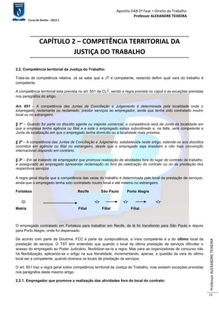 Apostila OAB 2ª Fase ≈ Direito do Trabalho 
Professor ALEXANDRE TEIXEIRA 
Curso de Direito – 2012.1 
Professor ALEXANDRE TEIXEIRA 
13 
CAPÍTULO 2 – COMPETÊNCIA TERRITORIAL DA 
JUSTIÇA DO TRABALHO 
2.2. Competência territorial da Justiça do Trabalho: 
Trata-se de competência relativa. Já se sabe que a JT é competente, restando definir qual vara do trabalho é 
competente. 
A competência territorial esta prevista no art. 651 da CLT, sendo a regra prevista no caput e as exceções previstas 
nos parágrafos do artigo. 
Art. 651 – A competência das Juntas de Conciliação e Julgamento é determinada pela localidade onde o 
empregado, reclamante ou reclamado, prestar serviços ao empregador, ainda que tenha sido contratado noutro 
local ou no estrangeiro. 
§ 1º – Quando for parte no dissídio agente ou viajante comercial, a competência será da Junta da localidade em 
que a empresa tenha agência ou filial e a esta o empregado esteja subordinado e, na falta, será competente a 
Junta da localização em que o empregado tenha domicílio ou a localidade mais próxima. 
§ 2º – A competência das Juntas de Conciliação e Julgamento, estabelecida neste artigo, estende-se aos dissídios 
ocorridos em agência ou filial no estrangeiro, desde que o empregado seja brasileiro e não haja convenção 
internacional dispondo em contrário. 
§ 3º – Em se tratando de empregador que promova realização de atividades fora do lugar do contrato de trabalho, 
é assegurado ao empregado apresentar reclamação no foro da celebração do contrato ou no da prestação dos 
respectivos serviços 
A regra geral dispõe que a competência das varas do trabalho é determinada pelo local da prestação de serviços, 
ainda que o empregado tenha sido contratado noutro local e até mesmo no estrangeiro. 
Fortaleza Recife São Paulo Porto Alegre 
Matriz Filial Filial Filial 
O empregado contratado em Fortaleza para trabalhar em Recife, de lá foi transferido para São Paulo e depois 
para Porto Alegre, onde foi dispensado. 
De acordo com parte da Doutrina, FCC e parte da Jurisprudência, a Vara competente é a do último local da 
prestação de serviços. O TST tem entendido que quando o local da última prestação de serviços dificultar o 
acesso do empregado ao Poder Judiciário, flexibilizar-se-ía a regra. Mas para as organizadoras de concurso não 
há flexibilização, aplicando-se o artigo na sua literalidade, incrementando, apenas, a questão da vara do último 
local ser a competente, quando diversos os locais de prestação de serviços. 
O art. 651 traz a regra geral sobre competência territorial da Justiça do Trabalho, mas existem exceções previstas 
nos parágrafos deste mesmo artigo. 
2.2.1. Empregador que promove a realização das atividades fora do local do contrato: 
 