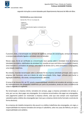 Apostila OAB 2ª Fase ≈ Direito do Trabalho 
Professor ALEXANDRE TEIXEIRA 
Curso de Direito – 2012.1 
Professor ALEXANDRE TEIXEIRA 
131 
segundo instruções a serem baixadas pelo Departamento Nacional de Mão-de-Obra. 
TERCEIRIZAÇÃO por prazo indeterminado 
Súmula 331, TST, inc. III, serviços de: 
- Vigilância; 
- Conservação; 
- Limpeza; 
- Serviços especializados ligados à atividade-meio 
do tomador. 
Empresa de 
Prestação 
de Serviços 
Trabalhador 
Empresa 
Tomadora 
de 
Serviços 
É possível, ainda, a terceirização nos serviços de vigilância, serviços de conservação, serviços de limpeza 
e serviços especializados ligados a atividade meio do tomador. 
Nesses casos, há de ser verificada se a terceirização recai apenas sobre a atividade meio da empresa 
(atividade secundária, viabilizadora da atividade fim), ocasião em que será lícita a terceirização e haverá, 
entre tomadora e prestadora do serviço, uma relação de direito civil e, entre prestadora e empregados, 
uma relação trabalhista. 
No entanto, havendo terceirização sobre a atividade fim da empresa (atividade principal, sem a qual a 
empresa não funciona), estar-se-á diante de uma terceirização ilícita, ilegal, utilizada para burlar a 
legislação trabalhista, não sendo, consequentemente, admitida. 
O inciso IV da Súmula 331, do TST, prevê a responsabilidade subsidiária da tomadora de serviços no caso 
de inadimplemento das obrigações trabalhistas por parte da prestadora, tendo em vista a incidência da 
culpa in eligendo e in vigilando. 
Na terceirização a empresa cliente, tomadora de serviços, paga a empresa prestadora de serviços, e 
esta, por sua vez, deve pagar aos empregados. Se a empresa terceirizadora não pagar aos empregados, 
este pagamento poderá ser reclamado à empresa cliente, visto que esta sempre será responsável 
subsidiária pelos créditos dos empregados (por mais que a empresa cliente tenha honrado o contrato de 
forma absoluta). 
Se a empresa de trabalho temporário não assumir os créditos trabalhistas dos empregados, em regra, a 
responsabilidade da empresa tomadora de serviços é subsidiária, salvo nos casos de falência, em que a 
responsabilidade será solidária. 
 