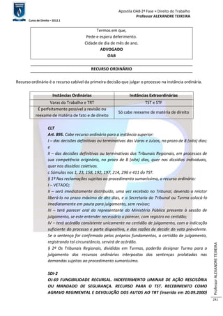 Apostila OAB 2ª Fase ≈ Direito do Trabalho 
Professor ALEXANDRE TEIXEIRA 
Curso de Direito – 2012.1 
Professor ALEXANDRE TEIXEIRA 
241 
Termos em que, 
Pede e espera deferimento. 
Cidade de dia de mês de ano. 
ADVOGADO 
OAB 
RECURSO ORDINÁRIO 
Recurso ordinário é o recurso cabível da primeira decisão que julgar o processo na instância ordinária. 
Instâncias Ordinárias Instâncias Extraordinárias 
Varas do Trabalho e TRT TST e STF 
É perfeitamente possível a revisão ou 
reexame de matéria de fato e de direito 
Só cabe reexame de matéria de direito 
CLT 
Art. 895. Cabe recurso ordinário para a instância superior: 
I – das decisões definitivas ou terminativas das Varas e Juízos, no prazo de 8 (oito) dias; 
e 
II – das decisões definitivas ou terminativas dos Tribunais Regionais, em processos de 
sua competência originária, no prazo de 8 (oito) dias, quer nos dissídios individuais, 
quer nos dissídios coletivos. 
c Súmulas nos 1, 23, 158, 192, 197, 214, 296 e 411 do TST. 
§ 1º Nas reclamações sujeitas ao procedimento sumaríssimo, o recurso ordinário: 
I – VETADO; 
II – será imediatamente distribuído, uma vez recebido no Tribunal, devendo o relator 
liberá-lo no prazo máximo de dez dias, e a Secretaria do Tribunal ou Turma colocá-lo 
imediatamente em pauta para julgamento, sem revisor; 
III – terá parecer oral do representante do Ministério Público presente à sessão de 
julgamento, se este entender necessário o parecer, com registro na certidão; 
IV – terá acórdão consistente unicamente na certidão de julgamento, com a indicação 
suficiente do processo e parte dispositiva, e das razões de decidir do voto prevalente. 
Se a sentença for confirmada pelos próprios fundamentos, a certidão de julgamento, 
registrando tal circunstância, servirá de acórdão. 
§ 2º Os Tribunais Regionais, divididos em Turmas, poderão designar Turma para o 
julgamento dos recursos ordinários interpostos das sentenças prolatadas nas 
demandas sujeitas ao procedimento sumaríssimo. 
SDI-2 
OJ-69 FUNGIBILIDADE RECURSAL. INDEFERIMENTO LIMINAR DE AÇÃO RESCISÓRIA 
OU MANDADO DE SEGURANÇA. RECURSO PARA O TST. RECEBIMENTO COMO 
AGRAVO REGIMENTAL E DEVOLUÇÃO DOS AUTOS AO TRT (inserida em 20.09.2000) 
 