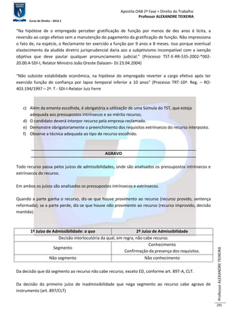 Apostila OAB 2ª Fase ≈ Direito do Trabalho 
Professor ALEXANDRE TEIXEIRA 
Curso de Direito – 2012.1 
Professor ALEXANDRE TEIXEIRA 
295 
“Na hipótese de o empregado perceber gratificação de função por menos de dez anos é lícita, a 
reversão ao cargo efetivo sem a manutenção do pagamento da gratificação de função. Não impressiona 
o fato de, na espécie, o Reclamante ter exercido a função por 9 anos e 8 meses. Isso porque eventual 
elastecimento da aludida diretriz jurisprudencial daria azo a subjetivismo incompatível com a isenção 
objetiva que deve pautar qualquer pronunciamento judicial.” (Processo TST-E-RR-535-2002-*002- 
20.00.4-SDI-I, Relator Ministro João Oreste Dalazen- DJ 23.04.2004) 
“Não subsiste estabilidade econômica, na hipótese do empregado reverter a cargo efetivo após ter 
exercido função de confiança por lapso temporal inferior a 10 anos” (Processo TRT-10ª. Reg. – RO- 
403.194/1997 – 2ª. T - SDI-I-Relator Juiz Ferre 
c) Além da ementa escolhida, é obrigatória a utilização de uma Súmula do TST, que esteja 
adequada aos pressupostos intrínsecos e ao mérito recurso; 
d) O candidato deverá interpor recurso pela empresa-reclamada. 
e) Demonstre obrigatoriamente o preenchimento dos requisitos extrínsecos do recurso interposto. 
f) Observe a técnica adequada ao tipo de recurso escolhido. 
AGRAVO 
Todo recurso passa pelos juízos de admissibilidades, onde são analisados os pressupostos intrínsecos e 
extrínsecos do recurso. 
Em ambos os juízos são analisados os pressupostos intrínsecos e extrínsecos. 
Quando a parte ganha o recurso, diz-se que houve provimento ao recurso (recurso provido, sentença 
reformada); se a parte perde, diz-se que houve não provimento ao recurso (recurso improvido, decisão 
mantida). 
1º Juízo de Admissibilidade: a quo 2º Juízo de Admissibilidade 
Decisão interlocutória da qual, em regra, não cabe recurso. 
Segmento 
Conhecimento 
Confirmação da presença dos requisitos. 
Não segmento Não conhecimento 
Da decisão que dá segmento ao recurso não cabe recurso, exceto ED, conforme art. 897-A, CLT. 
Da decisão do primeiro juízo de inadmissibilidade que nega segmento ao recurso cabe agravo de 
instrumento (art. 897/CLT) 
 
