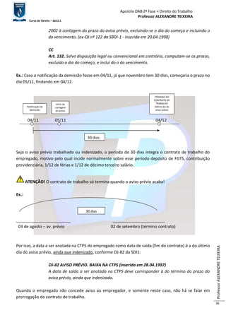 Apostila OAB 2ª Fase ≈ Direito do Trabalho 
Professor ALEXANDRE TEIXEIRA 
Curso de Direito – 2012.1 
Professor ALEXANDRE TEIXEIRA 
36 
2002 à contagem do prazo do aviso prévio, excluindo-se o dia do começo e incluindo o 
do vencimento. (ex-OJ nº 122 da SBDI-1 - inserida em 20.04.1998) 
CC 
Art. 132. Salvo disposição legal ou convencional em contrário, computam-se os prazos, 
excluído o dia do começo, e incluí do o do vencimento. 
Ex.: Caso a notificação da demissão fosse em 04/11, já que novembro tem 30 dias, começaria o prazo no 
dia 05/11, findando em 04/12. 
Notificação da 
demissão 
Início da 
contagem 
do prazo 
TÉRMINO DO 
CONTRATO DE 
TRABALHO 
Último dia do 
aviso prévio 
04/11 05/11 04/12 
30 dias 
Seja o aviso prévio trabalhado ou indenizado, o período de 30 dias integra o contrato de trabalho do 
empregado, motivo pelo qual incide normalmente sobre esse período depósito de FGTS, contribuição 
previdenciária, 1/12 de férias e 1/12 de décimo terceiro salário. 
ATENÇÃO! O contrato de trabalho só termina quando o aviso prévio acaba! 
Ex.: 
30 dias 
________________________ _______________________ 
03 de agosto – av. prévio 02 de setembro (término contrato) 
Por isso, a data a ser anotada na CTPS do empregado como data de saída (fim do contrato) é a do último 
dia do aviso prévio, ainda que indenizado, conforme OJ-82 da SDI1: 
OJ-82 AVISO PRÉVIO. BAIXA NA CTPS (inserida em 28.04.1997) 
A data de saída a ser anotada na CTPS deve corresponder à do término do prazo do 
aviso prévio, ainda que indenizado. 
Quando o empregado não concede aviso ao empregador, e somente neste caso, não há se falar em 
prorrogação do contrato de trabalho. 
 