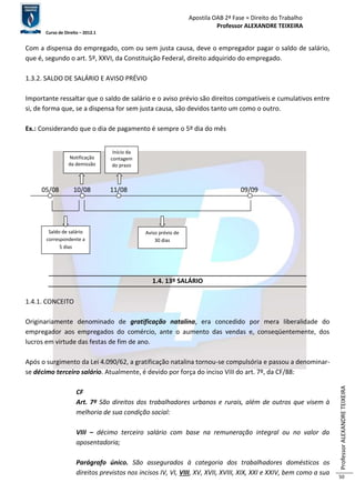 Apostila OAB 2ª Fase ≈ Direito do Trabalho 
Professor ALEXANDRE TEIXEIRA 
Curso de Direito – 2012.1 
Professor ALEXANDRE TEIXEIRA 
50 
Com a dispensa do empregado, com ou sem justa causa, deve o empregador pagar o saldo de salário, 
que é, segundo o art. 5º, XXVI, da Constituição Federal, direito adquirido do empregado. 
1.3.2. SALDO DE SALÁRIO E AVISO PRÉVIO 
Importante ressaltar que o saldo de salário e o aviso prévio são direitos compatíveis e cumulativos entre 
si, de forma que, se a dispensa for sem justa causa, são devidos tanto um como o outro. 
Ex.: Considerando que o dia de pagamento é sempre o 5º dia do mês 
Notificação 
da demissão 
Início da 
contagem 
do prazo 
05/08 10/08 11/08 09/09 
1.4. 13º SALÁRIO 
Saldo de salário 
correspondente a 
1.4.1. CONCEITO 
Originariamente denominado de gratificação natalina, era concedido por mera liberalidade do 
empregador aos empregados do comércio, ante o aumento das vendas e, conseqüentemente, dos 
lucros em virtude das festas de fim de ano. 
Após o surgimento da Lei 4.090/62, a gratificação natalina tornou-se compulsória e passou a denominar-se 
décimo terceiro salário. Atualmente, é devido por força do inciso VIII do art. 7º, da CF/88: 
CF 
Art. 7º São direitos dos trabalhadores urbanos e rurais, além de outros que visem à 
melhoria de sua condição social: 
VIII – décimo terceiro salário com base na remuneração integral ou no valor da 
aposentadoria; 
Parágrafo único. São assegurados à categoria dos trabalhadores domésticos os 
direitos previstos nos incisos IV, VI, VIII, XV, XVII, XVIII, XIX, XXI e XXIV, bem como a sua 
5 dias 
Aviso prévio de 
30 dias 
 