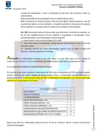 Apostila OAB 2ª Fase ≈ Direito do Trabalho 
Professor ALEXANDRE TEIXEIRA 
Curso de Direito – 2012.1 
Professor ALEXANDRE TEIXEIRA 
76 
vontade do empregador, e para a realização do qual este não concorreu, direta ou 
indiretamente. 
§ 1º A imprevidência do empregador exclui a razão de força maior. 
§ 2º À ocorrência do motivo de força maior que não afetar substancialmente, nem for 
suscetível de afetar, em tais condições, a situação econômica e financeira da empresa 
não se aplicam as restrições desta Lei referentes ao disposto neste Capítulo. 
Art. 502. Ocorrendo motivo de força maior que determine a extinção da empresa, ou 
de um dos estabelecimentos em que trabalhe o empregado, é assegurada a este, 
quando despedido, uma indenização na forma seguinte: 
I – sendo estável, nos termos dos artigos 477 e 478; 
II – não tendo direito à estabilidade, metade da que seria devida em caso de rescisão 
sem justa causa; 
III – havendo contrato por prazo determinado, aquela a que se refere o artigo 479 
desta Lei, reduzida igualmente à metade. 
ATENÇÃO! As indenizações previstas no art. 477, caput, e no art. 478, caput, da CLT, citadas no 
inciso I do art. 502 da CLT, foram substituídas pela indenização de 40% sobre os depósitos de FGTS. 
2.5.2. VERBAS RESCISÓRIAS E INDENIZATÓRIAS DEVIDAS 
Em caso de força maior, somente a indenização de 40% sobre os depósitos do FGTS será pela metade, 
sendo o restante das verbas devidas de forma integral. Assim, a indenização será de 20% sobre os 
depósitos do FGTS. É assim porque antes do FGTS a indenização correspondia a um mês de salário por 
cada ano ou fração superior a 6 meses. 
O empregado recebe: 
AVISO PRÉVIO  
SALDO DE SALÁRIOS  
13º PROPORCIONAL  
FÉRIAS PROPORCIONAIS + 1/3  
FÉRIAS VENCIDAS SIMPLES + 1/3  
FÉRIAS VENCIDAS DOBRADAS + 1/3  
LEVANTAMENTO DOS DEPÓSITOS DO FGTS  
INDENIZAÇÃO DE 40% SOBRE OS DEPÓSITOS DO FGTS ½ 
INDENIZAÇÃO ADICIONAL ART. 9º LEI 7.238/84  
Nesse caso, não há a indenização adicional do art. 9º da Lei 7.238 por não ter o evento ocorrido por 
culpa do empregador. 
 