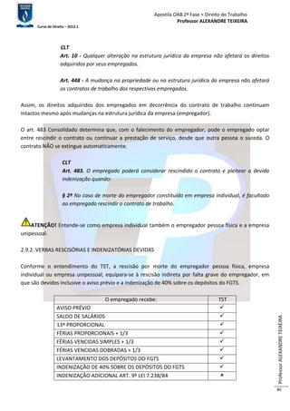 Apostila OAB 2ª Fase ≈ Direito do Trabalho 
Professor ALEXANDRE TEIXEIRA 
Curso de Direito – 2012.1 
Professor ALEXANDRE TEIXEIRA 
80 
CLT 
Art. 10 - Qualquer alteração na estrutura jurídica da empresa não afetará os direitos 
adquiridos por seus empregados. 
Art. 448 - A mudança na propriedade ou na estrutura jurídica da empresa não afetará 
os contratos de trabalho dos respectivos empregados. 
Assim, os direitos adquiridos dos empregados em decorrência do contrato de trabalho continuam 
intactos mesmo após mudanças na estrutura jurídica da empresa (empregador). 
O art. 483 Consolidado determina que, com o falecimento do empregador, pode o empregado optar 
entre rescindir o contrato ou continuar a prestação de serviço, desde que outra pessoa o suceda. O 
contrato NÃO se extingue automaticamente. 
CLT 
Art. 483. O empregado poderá considerar rescindido o contrato e pleitear a devida 
indenização quando: 
§ 2º No caso de morte do empregador constituído em empresa individual, é facultado 
ao empregado rescindir o contrato de trabalho. 
ATENÇÃO! Entende-se como empresa individual também o empregador pessoa física e a empresa 
unipessoal. 
2.9.2. VERBAS RESCISÓRIAS E INDENIZATÓRIAS DEVIDAS 
Conforme o entendimento do TST, a rescisão por morte do empregador pessoa física, empresa 
individual ou empresa unipessoal, equipara-se à rescisão indireta por falta grave do empregador, em 
que são devidos inclusive o aviso prévio e a indenização de 40% sobre os depósitos do FGTS. 
O empregado recebe: TST 
AVISO PRÉVIO  
SALDO DE SALÁRIOS  
13º PROPORCIONAL  
FÉRIAS PROPORCIONAIS + 1/3  
FÉRIAS VENCIDAS SIMPLES + 1/3  
FÉRIAS VENCIDAS DOBRADAS + 1/3  
LEVANTAMENTO DOS DEPÓSITOS DO FGTS  
INDENIZAÇÃO DE 40% SOBRE OS DEPÓSITOS DO FGTS  
INDENIZAÇÃO ADICIONAL ART. 9º LEI 7.238/84  
 