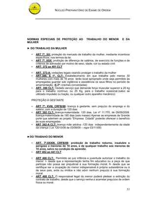 NÚCLEO PREPARATÓRIO DE EXAME DE ORDEM
53
NORMAS ESPECIAIS DE PROTEÇÃO AO TRABALHO DO MENOR E DA
MULHER
► DO TRABALHO DA MULHER
• ART 7º, XX: proteção do mercado de trabalho da mulher, mediante incentivos
específicos, nos termos da lei.
• ART 7º, XXX: proibição de diferença de salários, de exercício de funções e de
critérios de admissão por motivo de sexo, idade, cor ou estado civil.
• ART. 372 ao 401 CLT
• ART. 373-A: vedações legais visando proteger o trabalho da mulher
• ART.388, § 1º, CLT: Estabelecimento em que trabalhe pelo menos 30
mulheres com mais de 16 anos terão local apropriado onde seja permitido ás
empregadas guardar sob vigilãncia e assistência os seus filhos no período de
amamentação. (§ 2º: creches conveniadas)
• ART. 390 CLT: Vedado serviço que demande força muscular superior a 20 kg
para o trabalho contínuo, ou 25 Kg, para o trabalho ocasional.(salvo se
utilizado impulsão ou tração, ou qualquer outro aparelho mecânico)
PROTEÇÃO À GESTANTE
• ART 7º, XVIII, CRFB/88: licença à gestante, sem prejuízo do emprego e do
salário, com a duração de 120 dias.
• ART 392 CLT: licença-maternidade: 120 dias. Lei nº 11.770, de 09/09/2008.
licença-maternidade de 180 dias (seis meses) Apenas as empresas de Grande
porte que aderirem ao projeto “Empresa Cidadã” poderão oferecer o benefício
às suas empregadas
• ART 392-A CLT: licença mãe adotiva -120 dias independentemente da idade
da criança ( Lei 12010/09 de 03/08/09 – vigor 03/11/09)
►DO TRABAHO DO MENOR
• ART. 7º,XXXIII, CRFB/88: proibição de trabalho noturno, insalubre e
perigoso a menores de 16 anos, e de qualquer trabalho aos menores de
16 anos, salvo na condição de aprendiz.
• ART 402 ao 441 CLT
• ART 406 CLT: Permitido ao juiz infância e juventude autorizar o trabalho do
menor: I- desde que a representação tenha fim educativo ou a peça de que
participe não possa ser prejudicial à sua formação moral; II- desde que se
certifique ser a ocupação do menor indispensável à própria subsistência ou à
de seus pais, avós ou irmãos e não advir nenhum prejuízo à sua formação
moral.
• ART 408 CLT: O responsável legal do menor poderá pleitear a extinção do
contrato de trabalho, desde que o serviço venha a acarretar prejuízos de ordem
física ou moral.
 